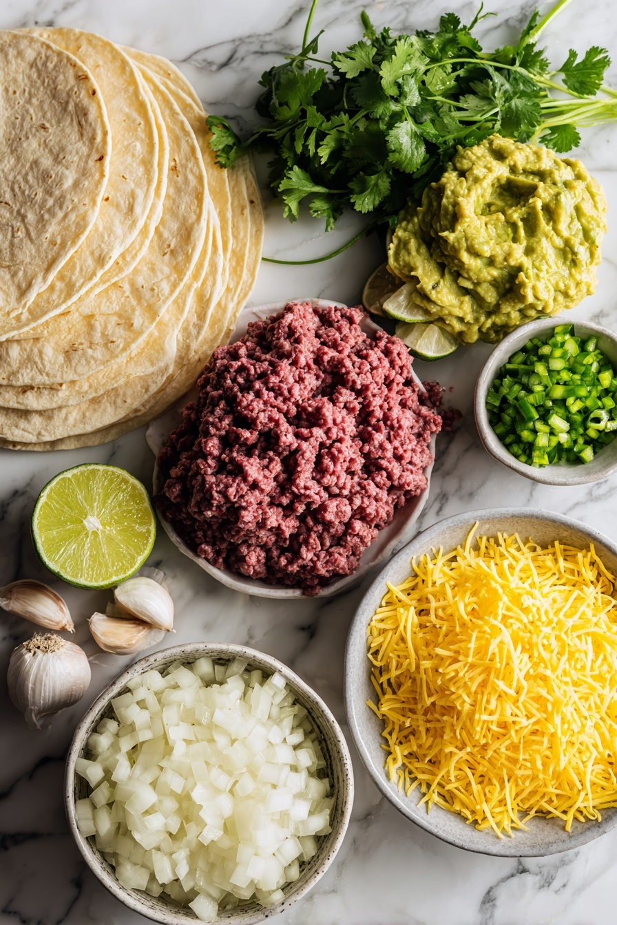 Favorite Baked Crispy Beef Tacos Recipe 6 Flat lay of finely diced yellow onions, whole garlic cloves, raw ground beef, bright green chopped chilis from a can, fresh cilantro sprigs, a halved lime showing its juicy interior, shredded Mexican cheese piles, soft corn tortillas stacked slightly fanned out, and a smooth bowl of creamy guacamole, placed on a white marble surface, photo taken with an iphone --ar 2:3 --v 7 - Favorite Baked Crispy Beef Tacos, crispy beef tacos, baked beef tacos, easy beef taco recipe, homemade crispy tacos