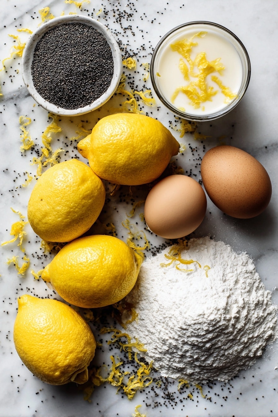 Flat lay of fresh bright yellow lemons with zest and juice, a small pile of shiny black poppy seeds, two large brown eggs, a smooth pat of golden melted butter, a glass of creamy milk, a mound of white powdered sugar, all beautifully arranged with scattered poppy seeds and lemon zest accents, placed on a white marble surface, photo taken with an iphone --ar 2:3 --v 7 - Lemon Poppy Seed Pancakes with Lemon Glaze, lemon pancake recipe, easy lemon pancakes, fluffy lemon pancakes with glaze, morning breakfast lemon pancakes