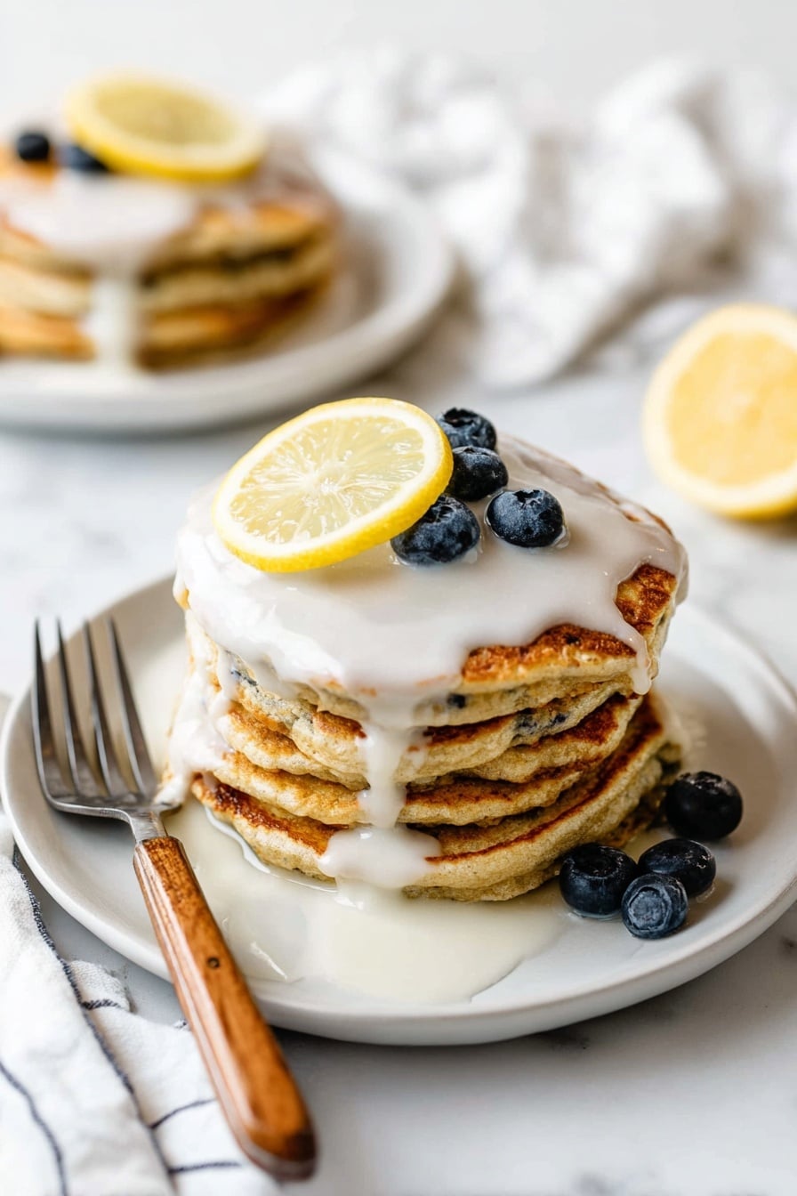 A stack of six light brown pancakes with small dark specks sits in the center of a white plate. Thick white sauce drips down the sides of the pancakes. On top, there is one thin yellow lemon slice and five dark blue blueberries placed beside it. Three more blueberries rest on the plate's right side. A fork with a wooden handle lies on the left side of the plate, next to the pancakes. In the background, there is a second white plate with a similar stack of pancakes, some blueberries, and a dollop of white sauce. A white napkin with thin black stripes is softly folded near the plates on a white marbled surface. Photo taken with an iphone --ar 2:3 --v 7 - Lemon Poppy Seed Pancakes with Lemon Glaze, lemon pancake recipe, easy lemon pancakes, fluffy lemon pancakes with glaze, morning breakfast lemon pancakes