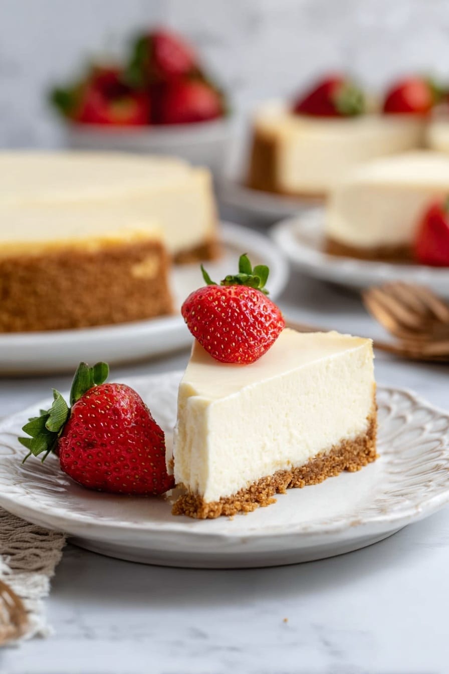 A plate with one slice of cheesecake is in focus, showing two layers: the bottom layer is a light brown crumb crust with a rough texture, and the top layer is a thick, smooth, creamy white cheesecake. A whole red strawberry with green leaves sits on top of the slice, and a red strawberry half with seeds and green leaves leans against it on the white plate with a scalloped edge. In the background, there are more cheesecake slices and whole strawberries slightly blurred, all placed on a white marbled surface. Photo taken with an iphone --ar 2:3 --v 7 - Best No-Water-Bath Classic Cheesecake, no-water-bath cheesecake, easy classic cheesecake, creamy no-bake cheesecake, foolproof cheesecake recipe
