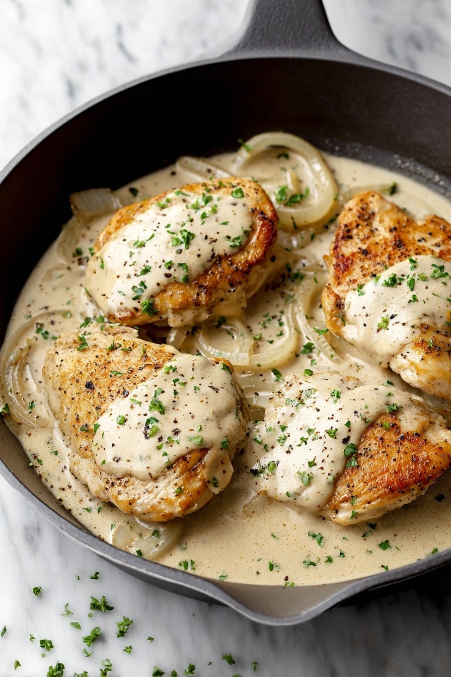The image shows a black skillet filled with four browned pieces of meat cooking in a thick, light beige creamy sauce. The sauce has a smooth texture with visible slices of cooked onions spread evenly around the meat. The meat is lightly speckled with black pepper and garnished with small green herb bits scattered on the surface. The skillet is placed on a white marbled surface. Photo taken with an iphone --ar 2:3 --v 7 - Sour Cream and Onion Chicken, creamy chicken dinner, easy weeknight chicken, flavorful chicken recipes, quick chicken with sour cream