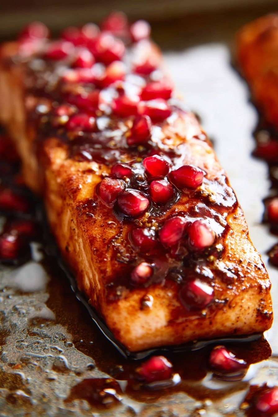 The image shows a close-up of a cooked salmon fillet on a shiny cooking tray with some oil around it. The salmon has a rich golden-brown color and is covered with a dark, glossy sauce on top. Bright red pomegranate seeds are scattered over the sauce, adding pops of color and texture. The salmon looks tender and juicy, with a slightly crispy edge. The background is a white marbled texture. photo taken with an iphone --ar 2:3 --v 7 - Pomegranate Glazed Salmon, healthy salmon recipes, easy seafood dinner, gourmet salmon dishes, holiday salmon main course