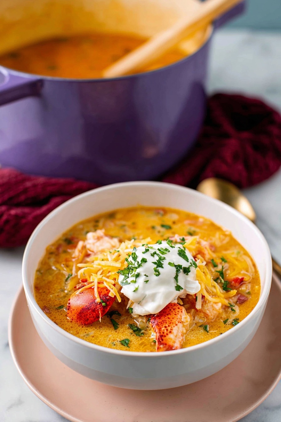 Easy Creamy Seafood and Shrimp Chili Recipe 5 A white bowl is filled with a thick soup showing layers of orange broth, chunks of red lobster, yellow shredded cheese, and bits of green herbs spread throughout. On top of the soup is a dollop of white sour cream sprinkled with small pieces of fresh green herbs. The bowl sits on a light pink plate on a white marbled surface. In the background, there is a large purple pot with an orange broth inside and a wooden spoon resting in it, along with a dark red cloth beside the pot. Photo taken with an iphone --ar 2:3 --v 7 - Easy Creamy Seafood and Shrimp Chili, seafood chili, creamy seafood stew, shrimp seafood dinner, easy seafood chili recipe