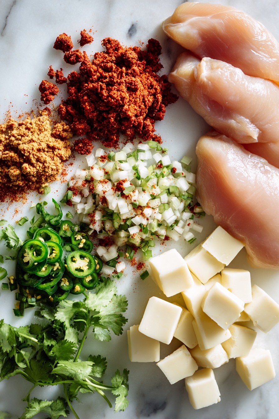 Easy Chori Pollo Recipe (Chicken with Chorizo and Cheese Sauce) Recipe 6 Flat lay of raw chicken breasts neatly arranged beside crumbled spicy chorizo sausage mixed with diced onions and minced garlic, scattered smoked paprika and cumin powders adding warm colors, cubes of white American cheese ready to melt, fresh green cilantro leaves and bright diced jalapenos adding vibrant pops of color, all placed on a white marble surface, photo taken with an iphone --ar 2:3 --v 7 - Easy Chori Pollo, Chicken with Chorizo and Cheese Sauce, smoky chorizo chicken, cheesy chicken chorizo dish, quick chori pollo recipe