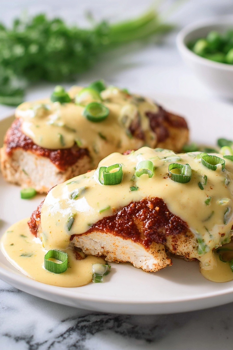 Easy Chori Pollo Recipe (Chicken with Chorizo and Cheese Sauce) Recipe 7 The dish shows two pieces of cooked chicken on a white plate. Each piece has three layers: the bottom one is the light brown cooked chicken with a slightly crispy texture, the middle layer is a thick dark red sauce spread evenly, and the top layer is a creamy light yellow cheese sauce with small green herbs mixed inside. The sauce covers most of the chicken and is decorated with small slices of bright green onions sprinkled on top. The plate is set on a white marbled surface with blurred green herbs in the background. Photo taken with an iphone --ar 2:3 --v 7 - Easy Chori Pollo, Chicken with Chorizo and Cheese Sauce, smoky chorizo chicken, cheesy chicken chorizo dish, quick chori pollo recipe