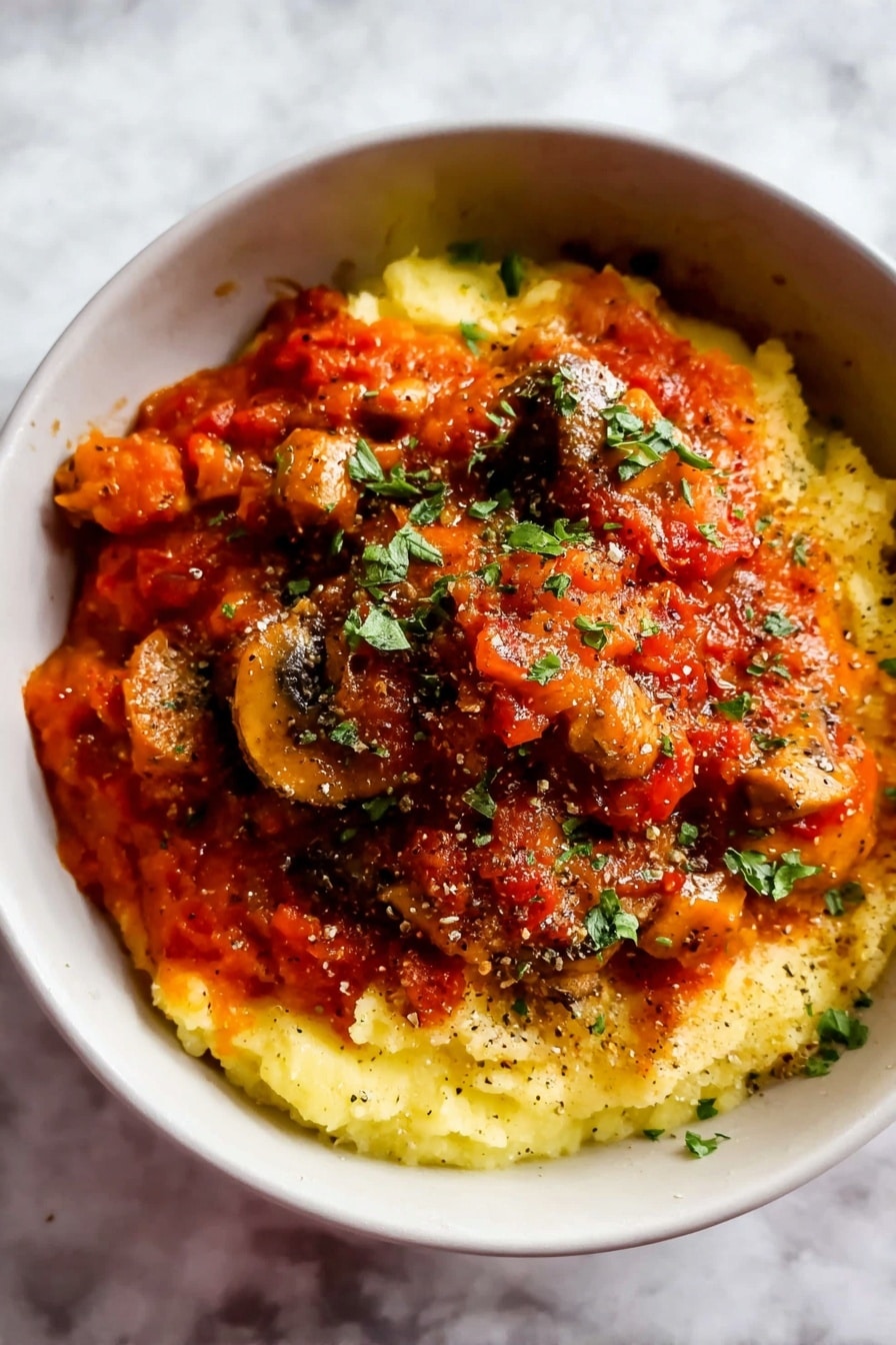 A white bowl holds a two-layer dish placed on a white marbled surface. The bottom layer is mashed potatoes with a smooth, creamy texture and a light yellow color, filling the bowl's base. On top, there is a thick red tomato-based sauce with pieces of browned meat and slices of cooked mushrooms, giving a mix of reddish and brown shades. The sauce looks rich and chunky, sprinkled with chopped green herbs and black pepper, adding fresh green and dark specks on the surface. The photo taken with an iphone --ar 2:3 --v 7 - Chicken Stroganoff with Butternut Squash Mash, Chicken Stroganoff recipe, healthy chicken stroganoff, gluten-free chicken dinner, comforting fall dinner