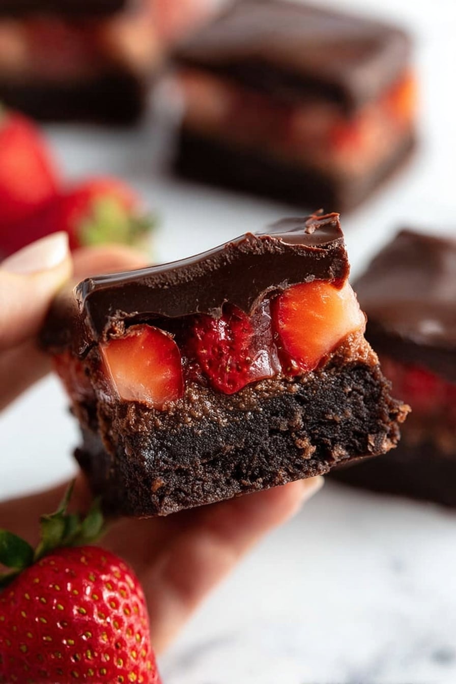 A close-up of a square brownie held by a woman's hand showing three visible layers: the bottom layer is a dark brown, moist and crumbly chocolate base; the middle layer contains pieces of bright red strawberries embedded near the top edge; the top layer is a smooth, shiny dark chocolate glaze spread evenly over the strawberries and chocolate base. In the blurred background on a white marbled surface, more brownies with the same layers and fresh whole strawberries can be seen. Photo taken with an iphone --ar 2:3 --v 7 - Chocolate Covered Strawberry Brownies, Strawberry Brownies with Chocolate Ganache, Fudgy Brownie with Fresh Berries, Easy Fruit Topped Brownies, Decadent Chocolate Strawberry Dessert