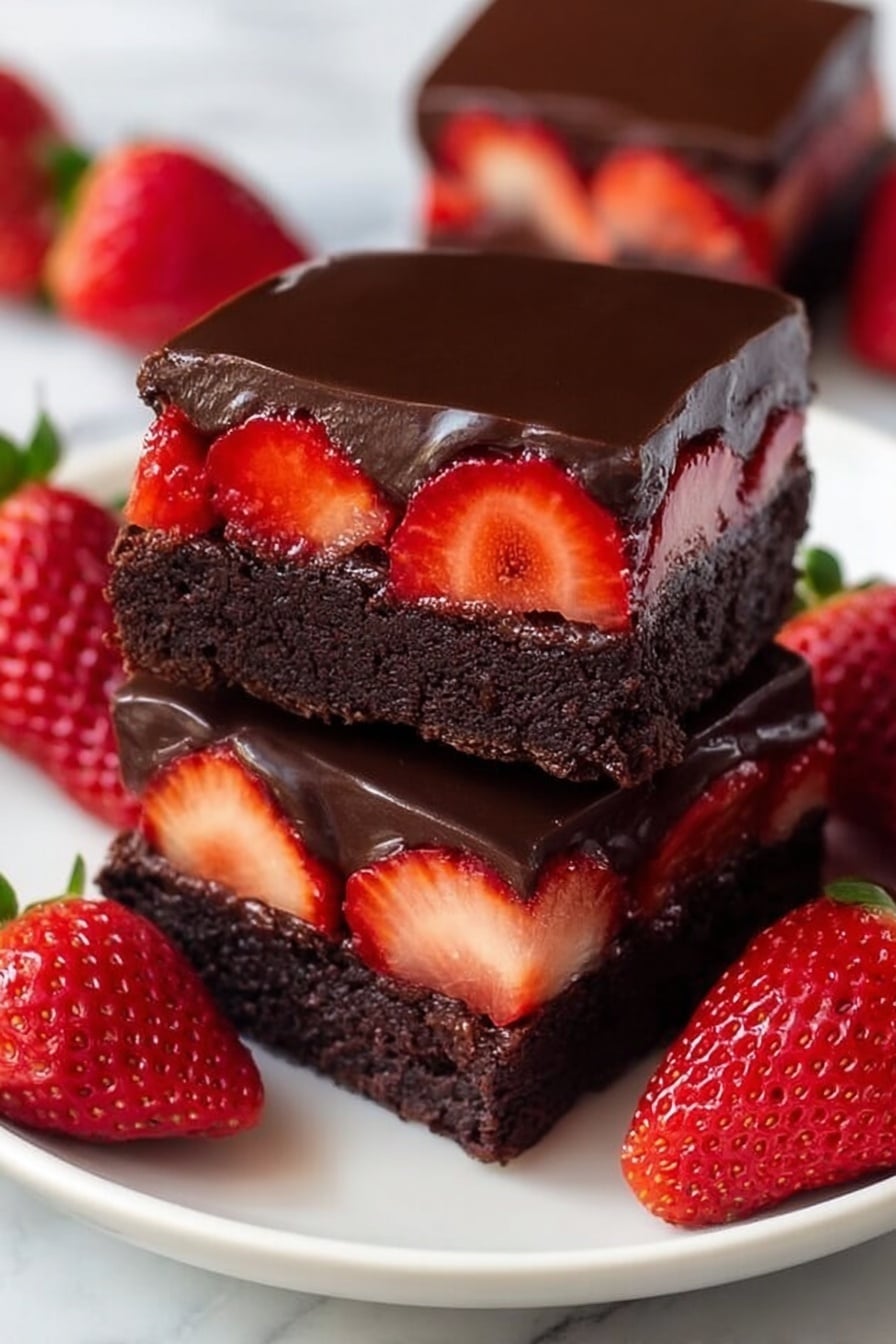 The image shows two square pieces of chocolate strawberry brownies stacked on a white plate. Each piece has three layers: the bottom is a dark, soft-looking chocolate brownie, the middle is made of whole fresh red strawberries sliced in half, and the top layer is a thick, shiny, smooth dark chocolate ganache. Around the plate, there are several whole fresh strawberries placed on a white marbled surface. The photo taken with an iphone --ar 2:3 --v 7 - Chocolate Covered Strawberry Brownies, Strawberry Brownies with Chocolate Ganache, Fudgy Brownie with Fresh Berries, Easy Fruit Topped Brownies, Decadent Chocolate Strawberry Dessert