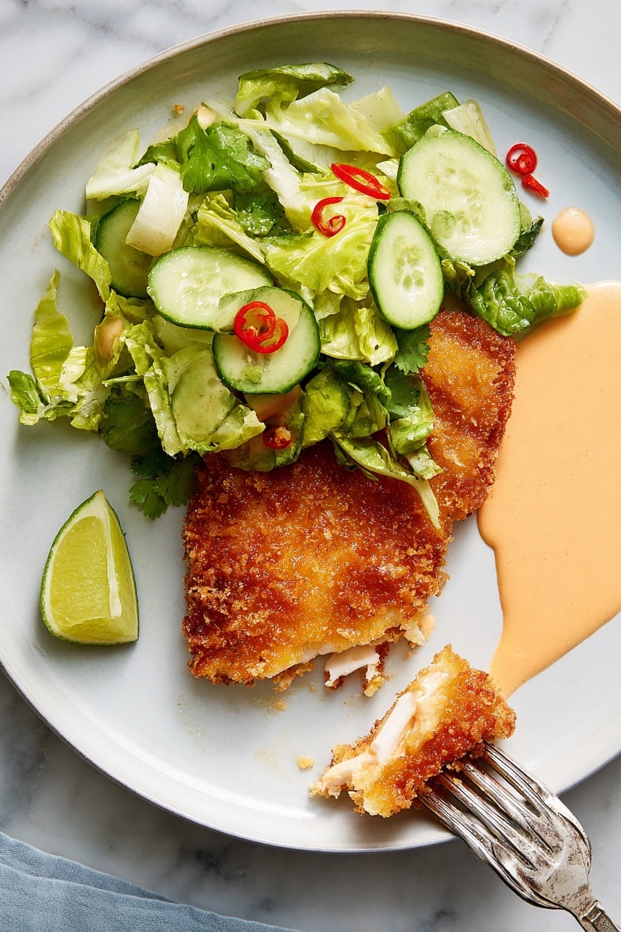 A round white plate sits on a white marbled surface, holding a crispy golden-brown fried fillet at the center. On top of the fillet is a fresh, bright green salad made of chopped lettuce and thick cucumber slices, with small round slices of red chili pepper scattered through it. To the side of the fillet is a light orange creamy sauce spread in a curved shape on the plate. A silver fork holds a piece of the fillet coated in sauce, positioned near the bottom right. A wedge of bright green lime rests on the left side of the plate. photo taken with an iphone --ar 2:3 --v 7 - Crunchy Coconut Chicken with Spicy Mayo and Cabbage Salad, coconut chicken, crispy chicken with coconut, spicy mayo dip, tropical chicken salad
