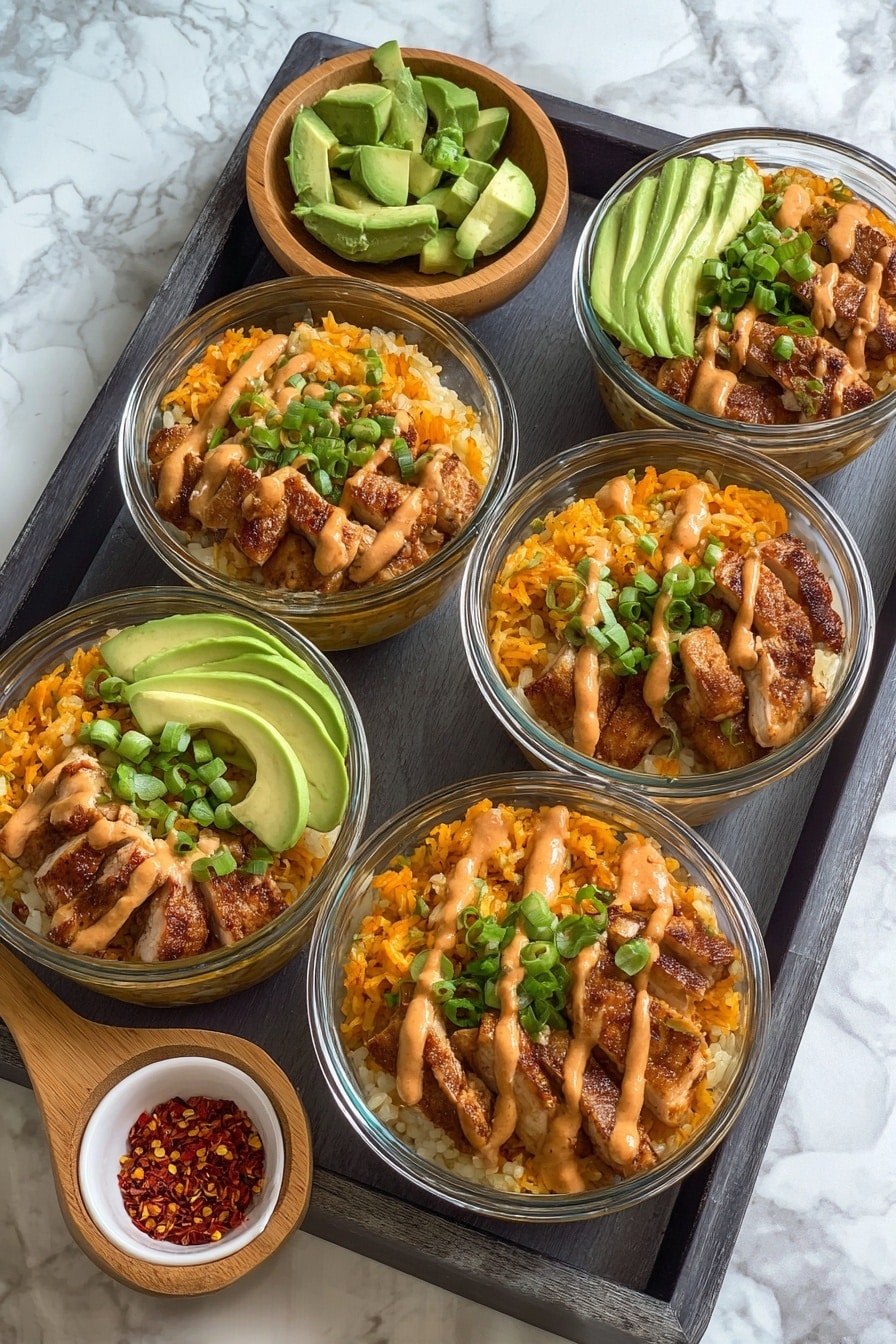 Five clear glass bowls sit on a dark tray over a white marbled surface. Each bowl has three visible layers: the bottom layer is a soft orange rice or noodle mix, the middle layer is several pieces of browned, seasoned grilled chicken, and the top layer is drizzled with a smooth light orange sauce. Small green onion pieces are scattered on top of all the bowls. One bowl in the center also has three slices of avocado fanned on one side. To the side of the bowls are a small wooden bowl with avocado slices and a small white bowl filled with red chili flakes. Photo taken with an iphone --ar 2:3 --v 7 - Bang Bang Chicken Bakes, healthy baked chicken dish, easy dinner recipes, meal prep chicken bake, spicy chicken rice bake