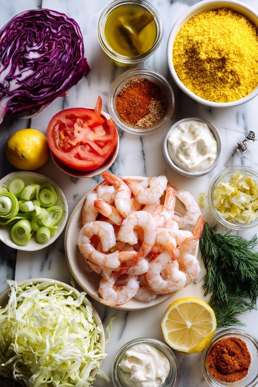 Flat lay of raw pink shrimp with tails off, vibrant green sliced green onions, bright yellow lemon half, creamy white mayonnaise dollops, golden yellow cornmeal and flour mixed with paprika and cayenne spices sprinkled, fresh deep red tomato slices, crisp shredded pale green cabbage, and small bits of dill pickle relish, all beautifully arranged in harmony, placed on a white marble surface, photo taken with an iphone --ar 2:3 --v 7 - Fried Shrimp Po Boy Sandwich with Remoulade Sauce, Cajun shrimp sandwich, Louisiana shrimp po boy, crispy shrimp sandwich, homemade remoulade sauce