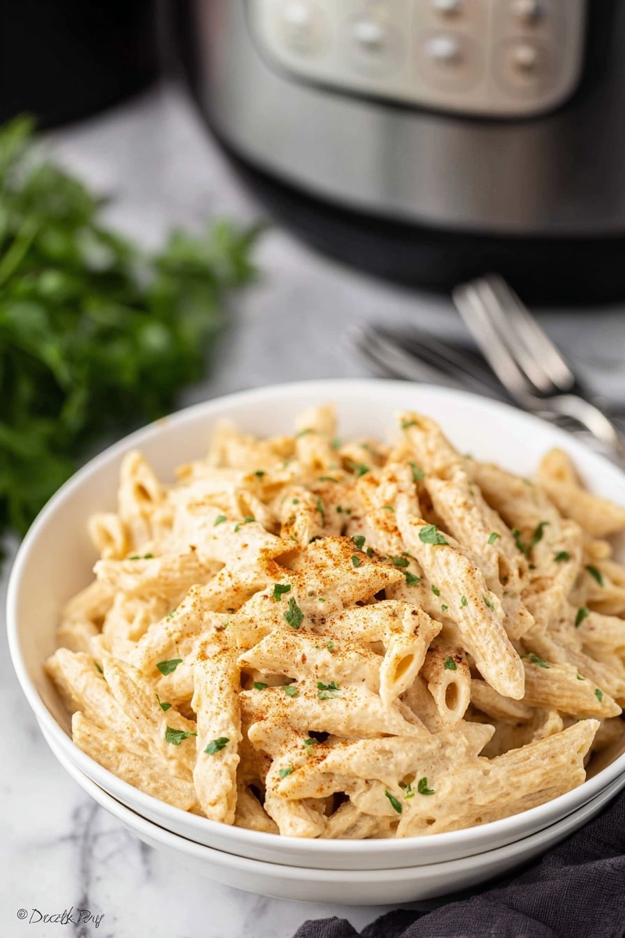 A white bowl filled with creamy penne pasta covered in a light beige sauce, sprinkled with small green herb bits and a dash of light brown spice on top. The penne pasta pieces show ridged texture and are coated evenly with the sauce. In the blurred background, there is a stainless steel slow cooker and some green herbs on a white marbled surface. Two silver forks lie behind the bowl, and a dark gray cloth is partially visible on the side. photo taken with an iphone --ar 2:3 --v 7 - Crock Pot Cajun Chicken Pasta, easy Cajun chicken pasta, creamy Cajun pasta slow cooker, spicy chicken pasta recipe, one-pot Cajun chicken dish