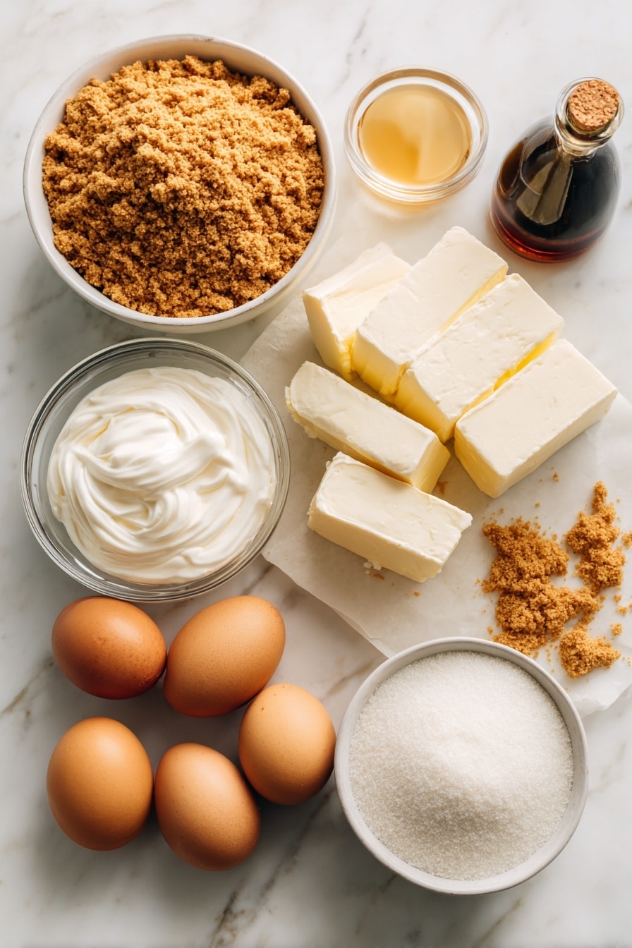 Flat lay of golden graham cracker crumbs, soft cream cheese blocks, a small bowl of smooth sour cream, whole large brown eggs, a glass bottle of vanilla extract, and a heap of granulated sugar, all beautifully arranged with a touch of melted butter glistening beside them, placed on a white marble surface, photo taken with an iphone --ar 2:3 --v 7 - Best No-Water-Bath Classic Cheesecake, no-water-bath cheesecake, easy classic cheesecake, creamy no-bake cheesecake, foolproof cheesecake recipe