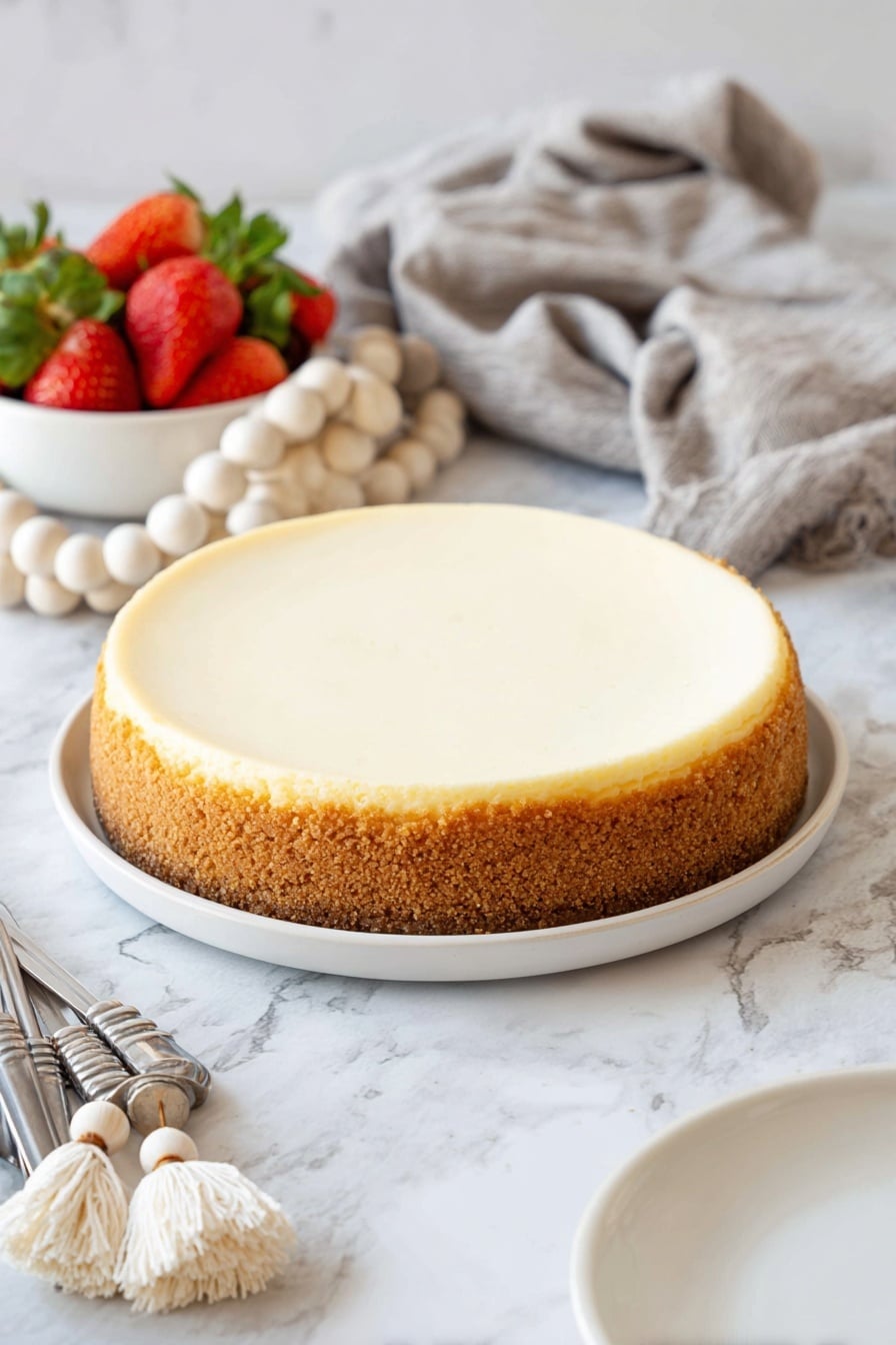 A cheesecake with two layers sits on a white plate on a white marbled surface. The bottom layer is thick and crumbly, golden brown in color, forming a crust that wraps up the sides. The top layer is smooth and creamy, pale off-white, with a slight golden edge near the crust. Behind the cheesecake is a bowl of red strawberries with green leaves, and a string of white wooden beads with tassels is placed around it. There is a folded gray cloth near the cheesecake and a set of silver forks beside an empty white plate in the foreground. photo taken with an iphone --ar 2:3 --v 7 - Best No-Water-Bath Classic Cheesecake, no-water-bath cheesecake, easy classic cheesecake, creamy no-bake cheesecake, foolproof cheesecake recipe