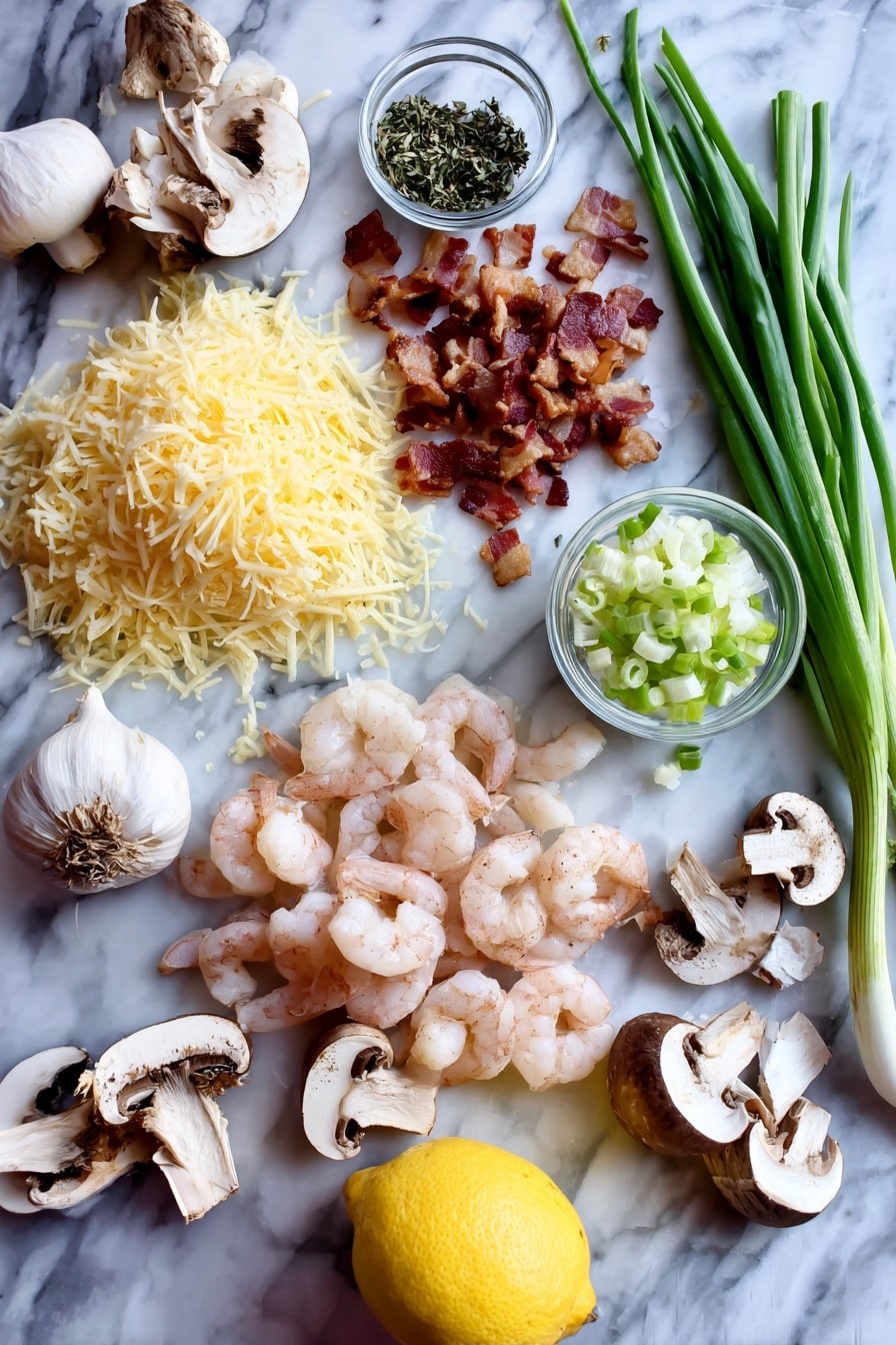 Flat lay of peeled pink shrimp, crispy chopped bacon, sharp cheddar cheese shredded, grated Parmesan cheese, sliced white mushrooms, a clove of fresh garlic, chopped green onions, and a fresh lemon wedge, all beautifully arranged on a white marble surface, photo taken with an iphone --ar 2:3 --v 7 - Shrimp & Cheesy Grits with Mushrooms and Bacon, shrimp cheesy grits, cheesy grits with shrimp and bacon, creamy shrimp and cheese grits, savory mushroom bacon grits