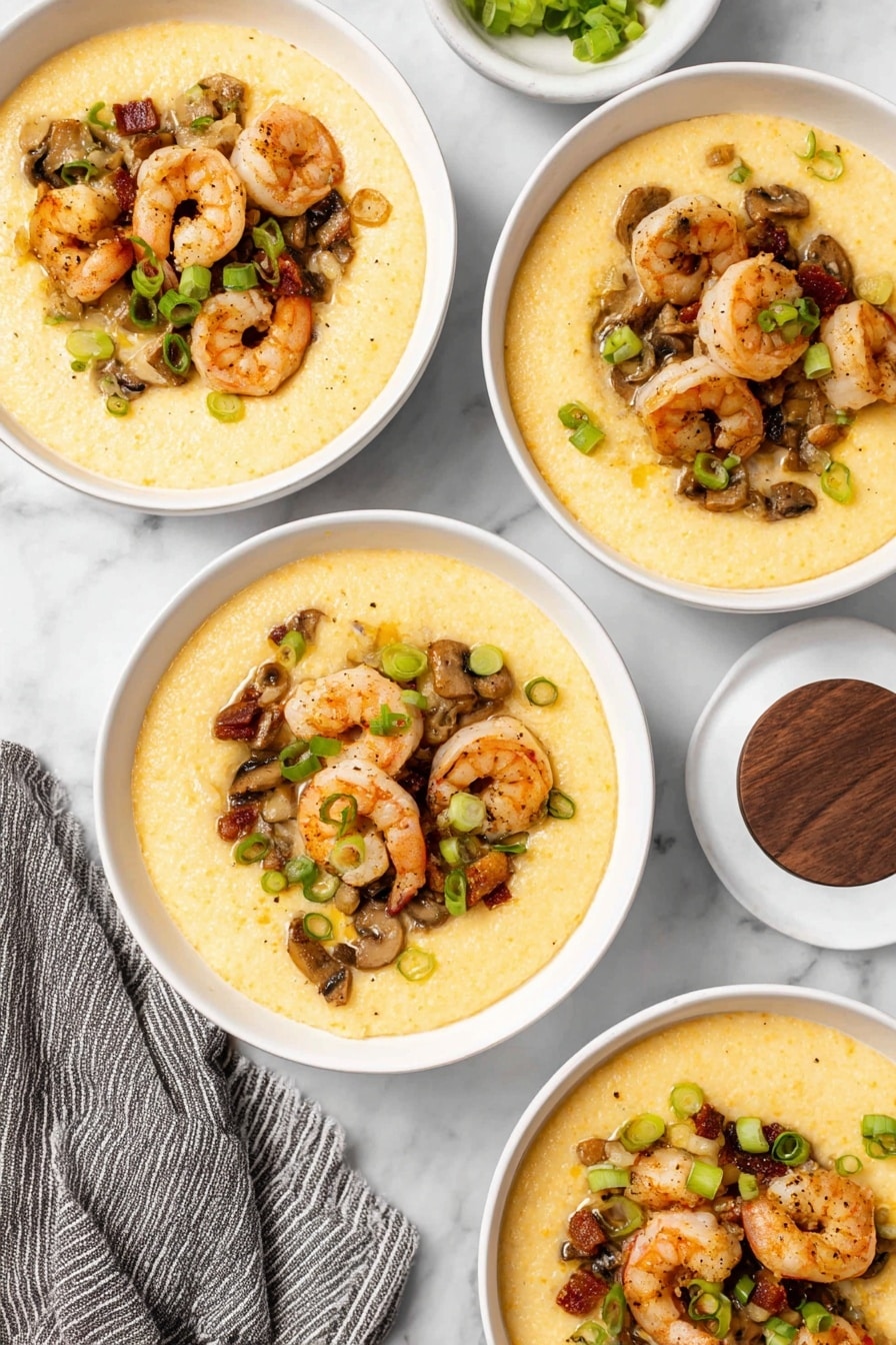 The image shows four white bowls filled with creamy yellow grits. Each bowl is topped with a layer of cooked shrimp that are light pink with some slight browning, mixed with small pieces of brown mushrooms and bits of bacon. There are bright green chopped scallions scattered on top of the shrimp and mushrooms as a final garnish. The bowls are arranged on a white marbled surface, with a gray striped cloth on the lower left side and a round white container with a dark wooden lid on the right. Photo taken with an iphone --ar 2:3 --v 7 - Shrimp & Cheesy Grits with Mushrooms and Bacon, shrimp cheesy grits, cheesy grits with shrimp and bacon, creamy shrimp and cheese grits, savory mushroom bacon grits