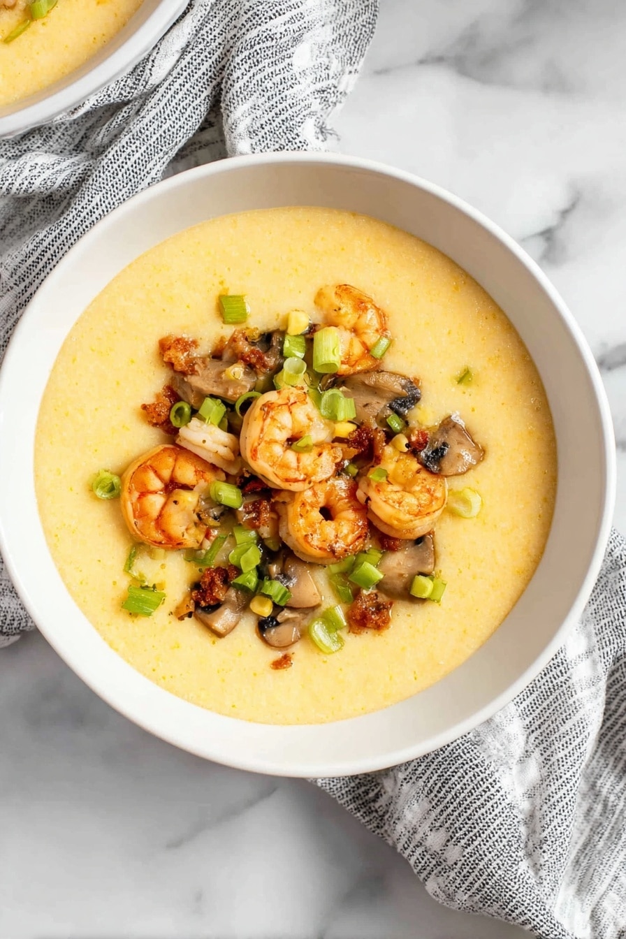 A white bowl holds a creamy yellow base layer of corn or cheese soup with a smooth texture. On top, there is a second layer made of shrimp with orange-pink tones and small pieces of mushrooms in light brown shades mixed with bits of green onions that bring a fresh pop of green. The ingredients are arranged in the middle of the bowl, creating a colorful contrast with the creamy soup underneath. The bowl sits on a white marbled surface with a gray and white striped cloth nearby. photo taken with an iphone --ar 2:3 --v 7 - Shrimp & Cheesy Grits with Mushrooms and Bacon, shrimp cheesy grits, cheesy grits with shrimp and bacon, creamy shrimp and cheese grits, savory mushroom bacon grits