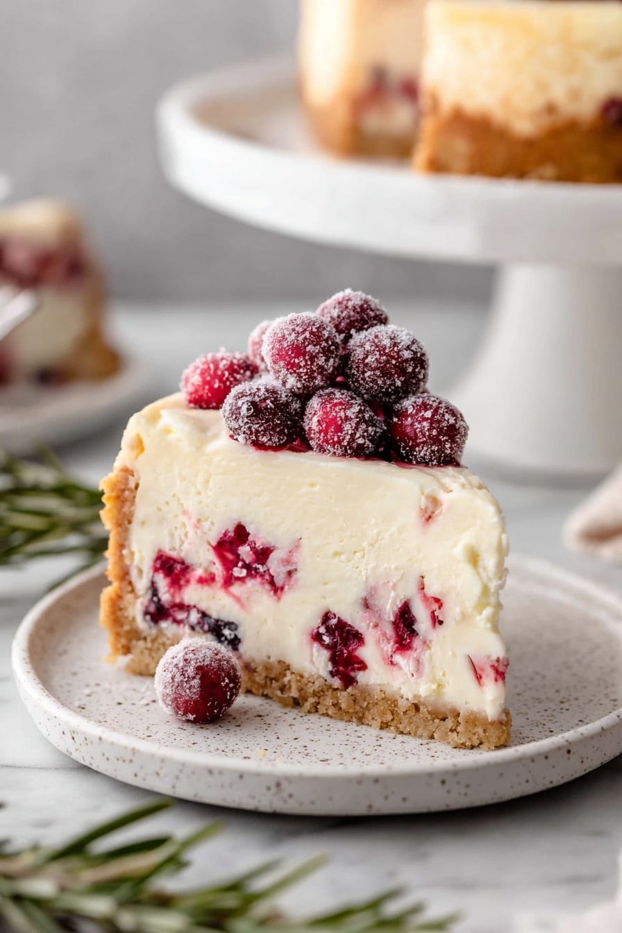 A round cake with one thick brown layer at the bottom that looks crumbly and firm, topped by a thick white creamy layer that is soft and spread evenly. On top of this white layer is a large pile of frosted red cranberries, dusted with white sugar giving a snowy look. Around the edge of the white layer, there is a circle of green rosemary sprigs that add fresh color and texture, slightly overlapping the cranberries. The cake sits on a white marble surface with a soft blurred background where more bowls with cranberries and a white cloth are visible. Photo taken with an iphone --ar 2:3 --v 7 - Cranberry Cheesecake with White Chocolate Mousse and Sugared Cranberries, festive cranberry cheesecake, holiday fruit dessert, elegant cheesecake recipe, holiday party dessert