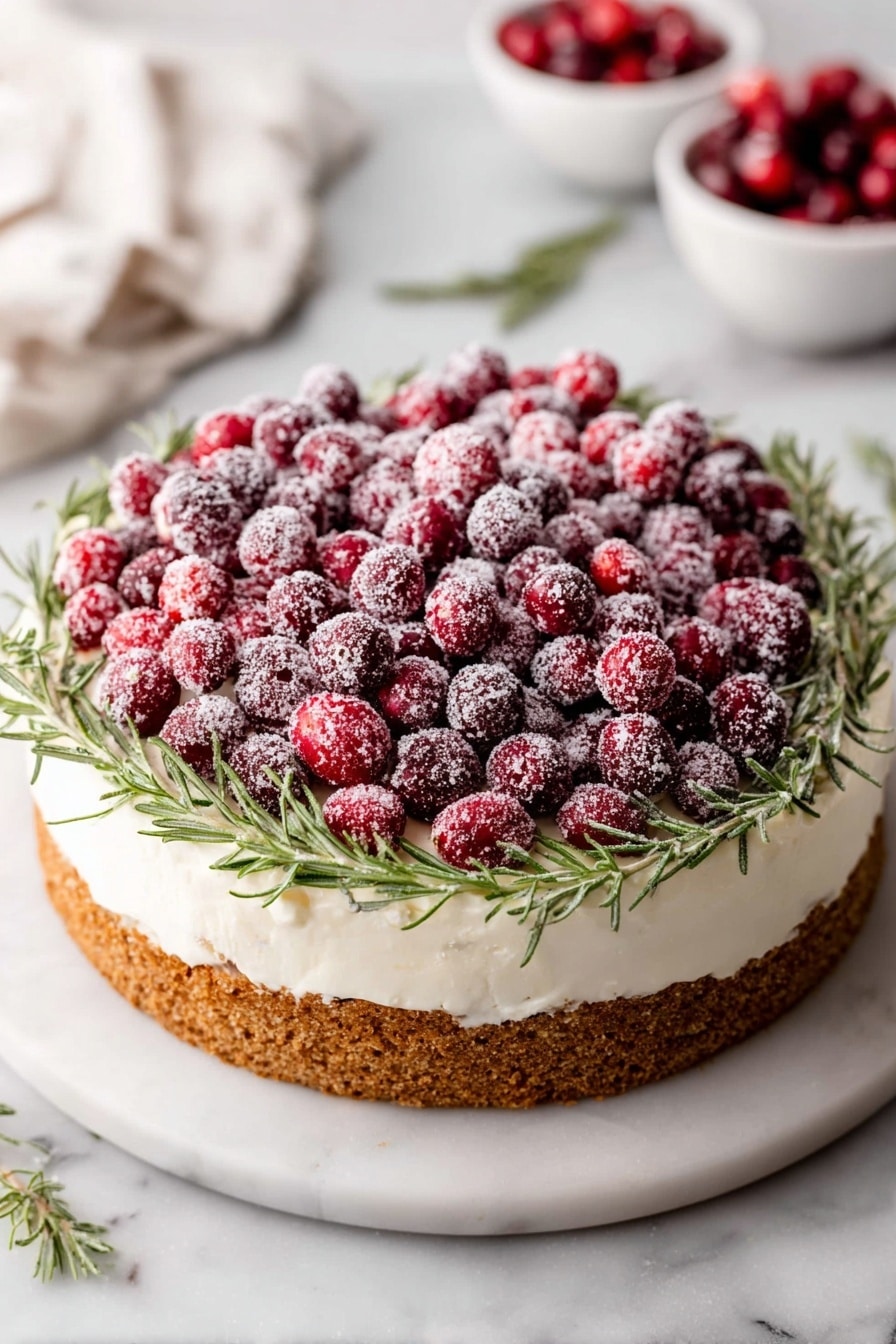 A slice of cheesecake sits on a white speckled plate resting on a white marbled surface. The cheesecake has three clear layers: a golden brown crumb crust at the bottom, a thick creamy vanilla layer mixed with bright red cranberry pieces in the middle, and a smooth white cream topping. On top of the cheesecake, there is a small pile of sugared cranberries with a slightly frosted texture, adding a pop of dark red. A single cranberry rests on the plate near the slice, and a green sprig, likely rosemary, is blurred in the foreground. In the background, part of the remaining cheesecake is visible on a white cake stand. photo taken with an iphone --ar 2:3 --v 7 - Cranberry Cheesecake with White Chocolate Mousse and Sugared Cranberries, festive cranberry cheesecake, holiday fruit dessert, elegant cheesecake recipe, holiday party dessert