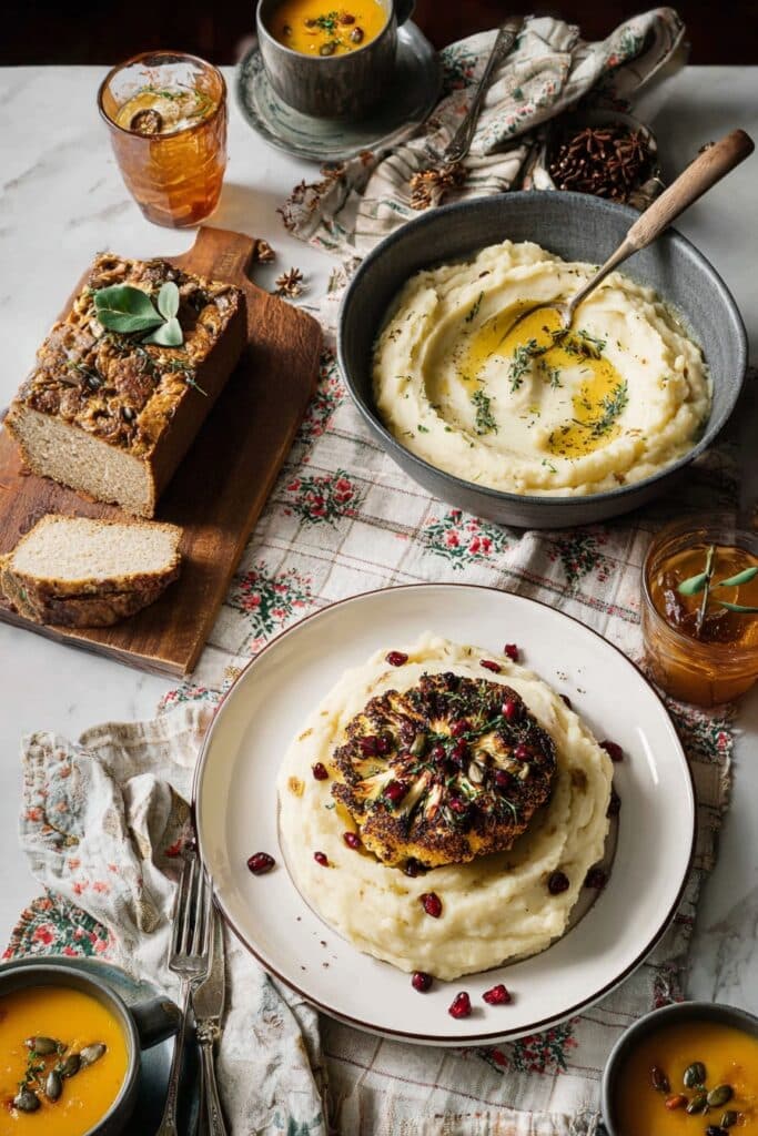 Whole Roasted Cauliflower with Rustic Herb Sauce and Mashed Potatoes Recipe