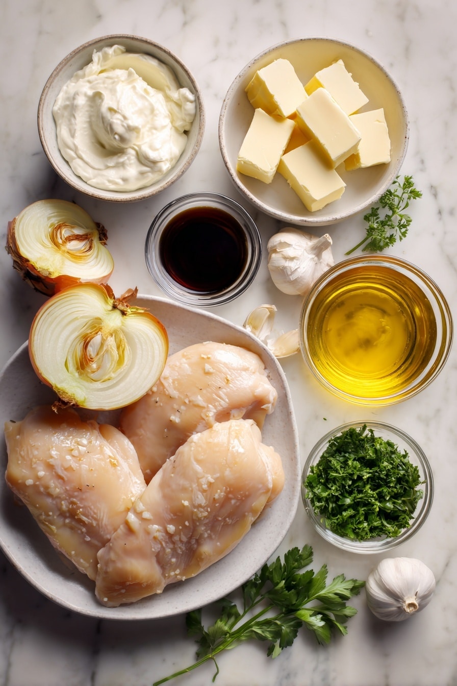 Flat lay of boneless skinless chicken breasts, a halved and sliced medium onion with golden browned edges, a whole garlic bulb with one clove minced beside it, a small bowl of creamy full-fat sour cream, a few cubes of butter, a glass container of golden olive oil, a small bowl of rich chicken broth, a tiny dish with dark Worcestershire sauce, and fresh bright green chopped parsley scattered delicately, placed on a white marble surface, photo taken with an iphone --ar 2:3 --v 7 - Sour Cream and Onion Chicken, creamy chicken dinner, easy weeknight chicken, flavorful chicken recipes, quick chicken with sour cream