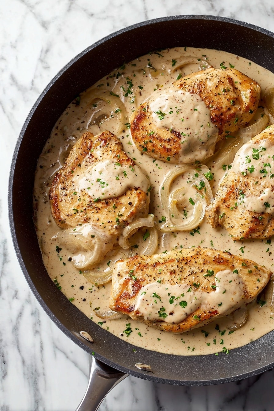 A dark pan filled with four pieces of light brown cooked chicken, each topped with creamy beige sauce. The sauce has small slices of translucent onion and is speckled with black pepper and finely chopped green herbs. The pan sits on a white marbled surface with small green herbs scattered around. Photo taken with an iphone --ar 2:3 --v 7 - Sour Cream and Onion Chicken, creamy chicken dinner, easy weeknight chicken, flavorful chicken recipes, quick chicken with sour cream