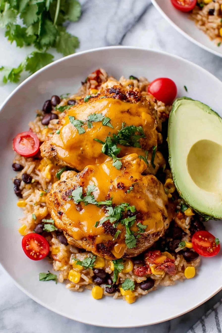 A black skillet filled with a layered dish showing melted yellow and white cheese on top sprinkled with green herbs and small red tomato pieces. Inside the skillet, a wooden cooking tool lifts a portion revealing a browned piece of chicken covered in melted cheese with visible rice or grain beneath. The surface under the skillet is a white marbled texture, with some scattered green herbs outside the skillet. The cheese looks soft and stringy as it pulls away from the dish. photo taken with an iphone --ar 2:3 --v 7 - One-Pot BBQ Chicken and Rice, easy BBQ chicken dinner, quick weeknight chicken recipe, flavorful chicken and rice skillet, healthy BBQ chicken meal