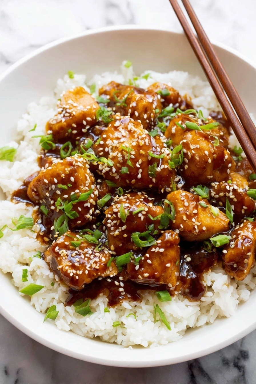 A white bowl filled with white rice as the bottom layer, topped with several pieces of light brown chicken coated in a shiny dark brown sauce in the middle. The dish is garnished with green chopped scallions and sprinkled with pale tan sesame seeds. Light brown wooden chopsticks rest on the edge of the bowl. The photo is taken on a white marbled surface. photo taken with an iphone --ar 2:3 --v 7 - Air Fryer Orange Chicken, healthy orange chicken recipe, quick weeknight dinner, crispy orange chicken, homemade orange chicken