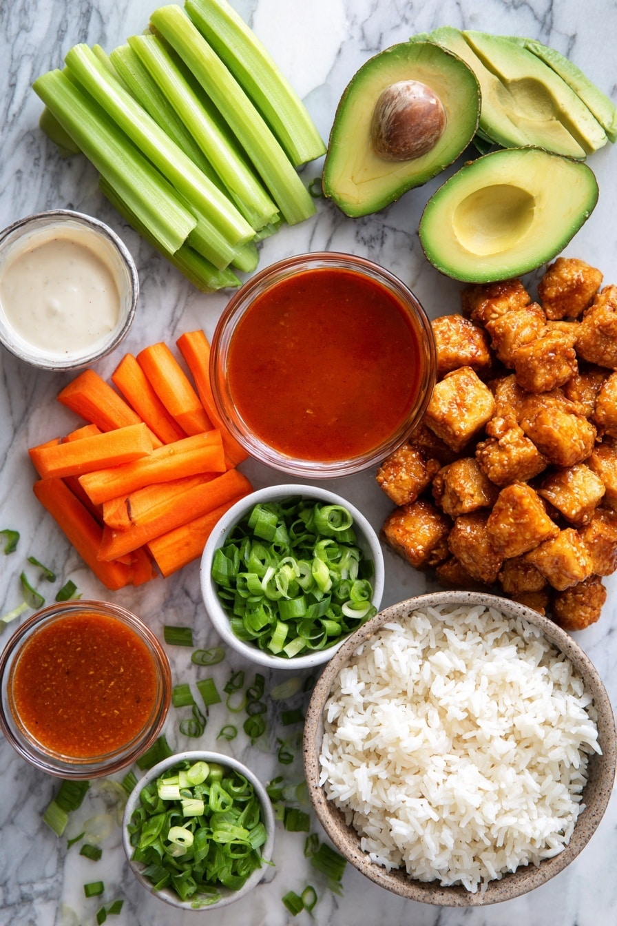 Flat lay of crispy golden-brown chicken cubes coated with spices, bright orange carrot slices, fresh green celery sticks, creamy avocado slices, vibrant green chopped green onions, a small bowl of rich red-orange buffalo sauce with a glossy sheen, fluffy white jasmine rice, and a drizzle of creamy ranch dressing, all beautifully arranged and balanced in color and texture, placed on a white marble surface, photo taken with an iphone --ar 2:3 --v 7 - Crispy Buffalo Chicken Bowls, buffalo chicken bowls healthy, spicy chicken bowls recipe, easy buffalo chicken dinner, homemade buffalo chicken bowls