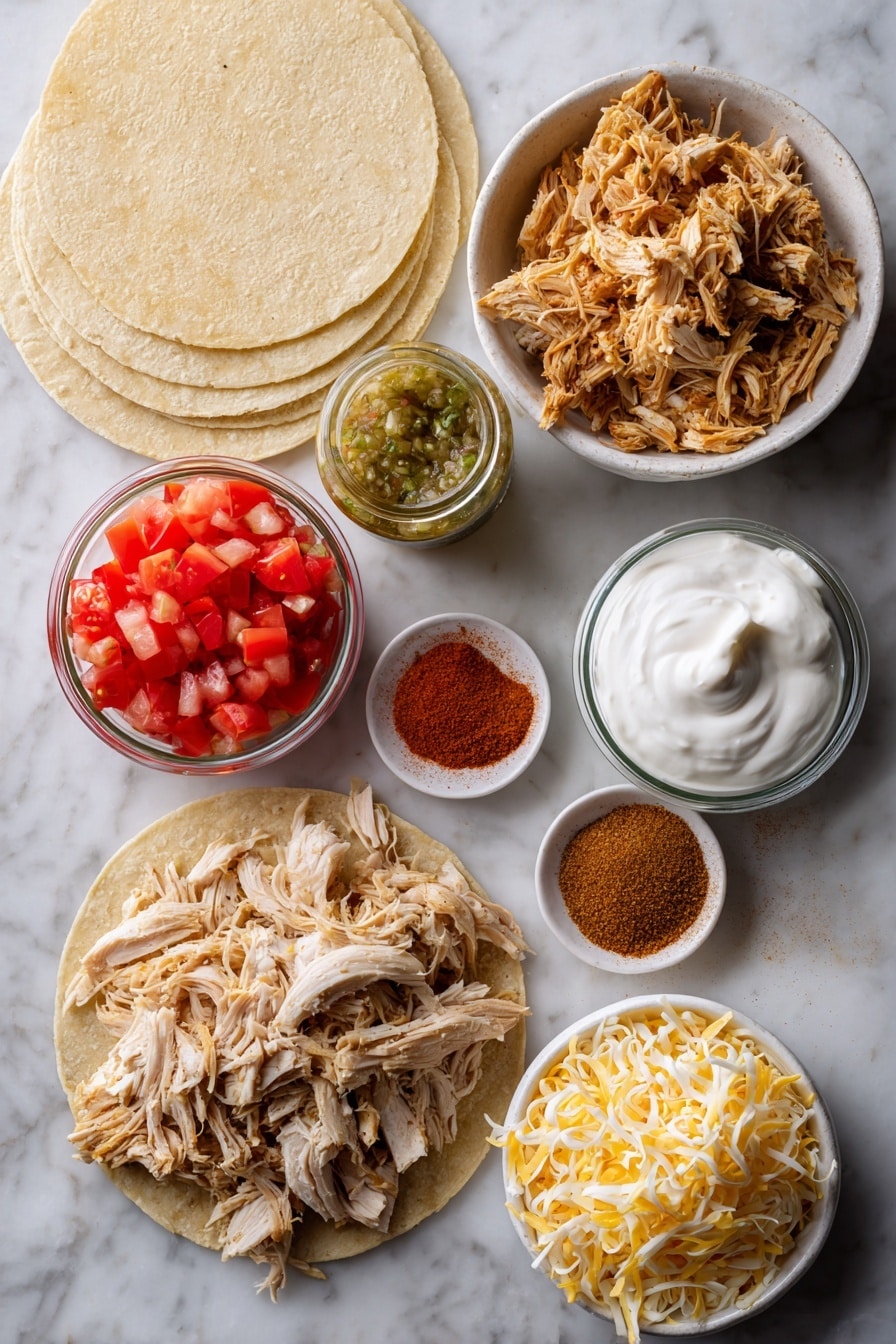 Flat lay of shredded rotisserie chicken, fresh salsa verde in a small jar, bright red and green diced Rotel tomatoes and peppers, creamy sour cream dolloped in a smooth swirl, golden shredded cheddar and jack cheese blend scattered loosely, corn tortillas stacked neatly, and a small heap of ground cumin and cayenne powders, all beautifully arranged with vibrant colors and textures, placed on a white marble surface, photo taken with an iphone --ar 2:3 --v 7 - Salsa Verde Chicken Casserole, chicken casserole with salsa verde, quick chicken casserole recipes, easy Mexican chicken bake, cheesy chicken casserole