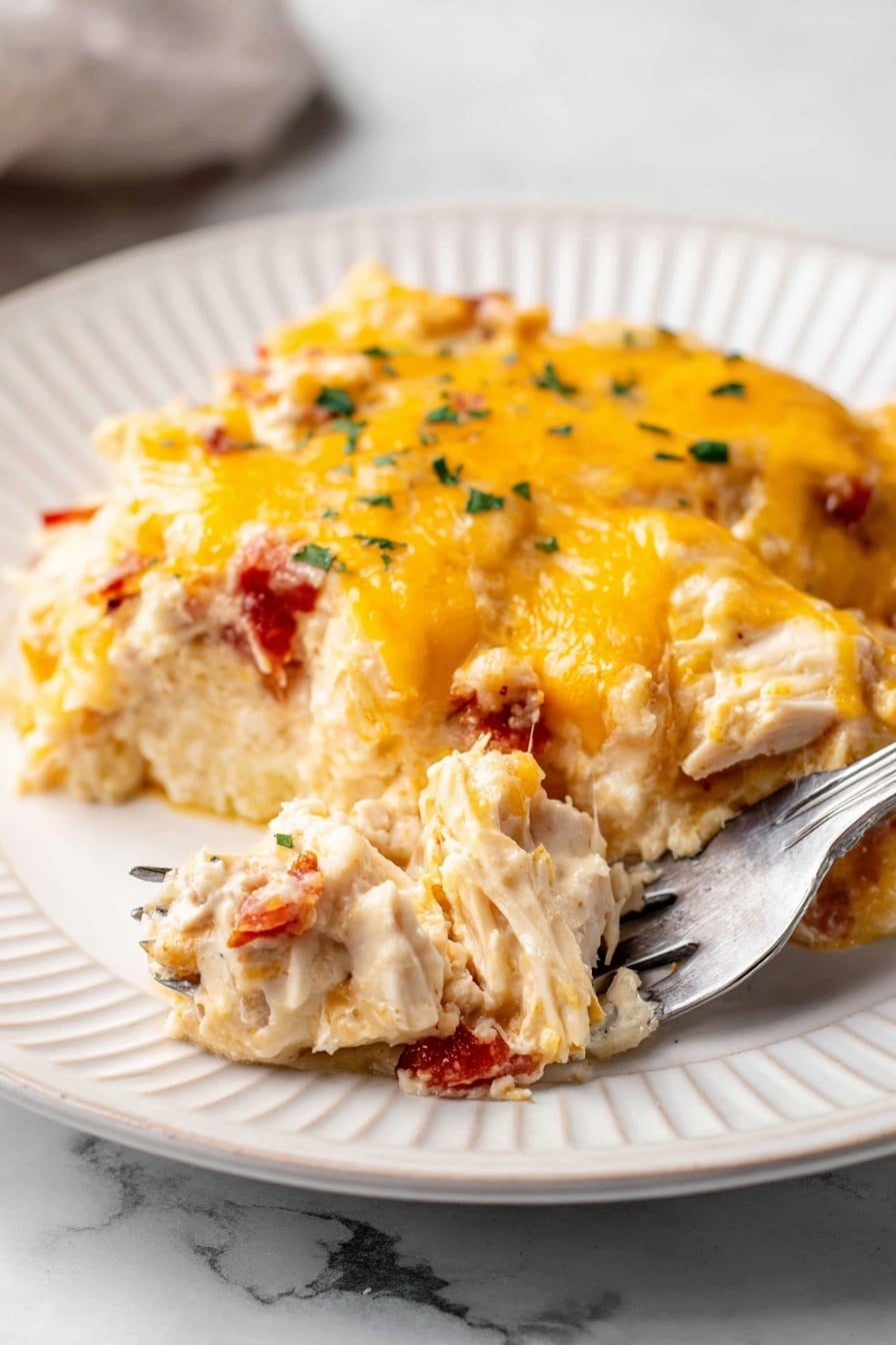The dish shows a close-up of a cheesy baked casserole on a white plate with ridged edges, placed on a white marbled surface. The casserole has three main layers: the bottom layer is creamy with diced pieces of something light beige and soft, the middle layer includes small chunks of red ingredients mixed into a light sauce, and the top layer is a thick spread of melted yellow and white cheese with some green herb bits sprinkled over it. A fork holds a bite-sized portion in the front, showing the soft, gooey texture of the cheese and the creamy filling underneath. Photo taken with an iphone --ar 2:3 --v 7 - Salsa Verde Chicken Casserole, chicken casserole with salsa verde, quick chicken casserole recipes, easy Mexican chicken bake, cheesy chicken casserole