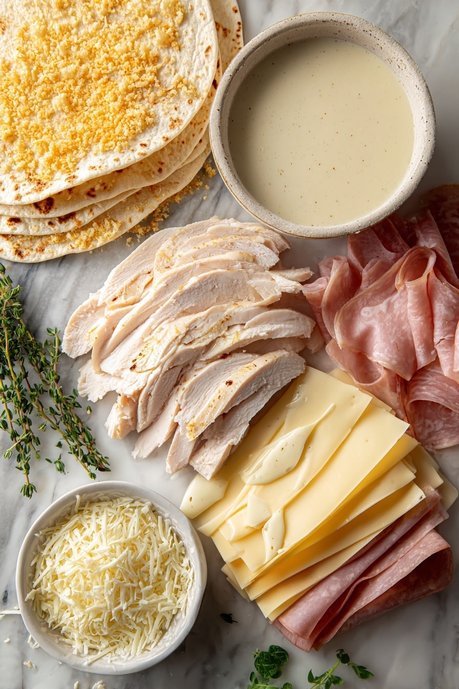 Flat lay of sliced grilled chicken breast, thin deli ham slices, Swiss and Provolone cheese slices layered and fanned out, golden toasted breadcrumbs, creamy Parmesan Dijon sauce in a small drizzle pattern, whole flour tortillas stacked slightly overlapping, a small bowl of freshly grated Parmesan cheese sprinkled nearby, and a few sprigs of fresh herbs for color contrast, placed on a white marble surface, photo taken with an iphone --ar 2:3 --v 7 - Chicken Cordon Bleu Quesadillas, chicken cordon bleu quesadillas recipe, cheesy Chicken Cordon Bleu quesadillas, quick quesadilla recipes, easy chicken quesillas