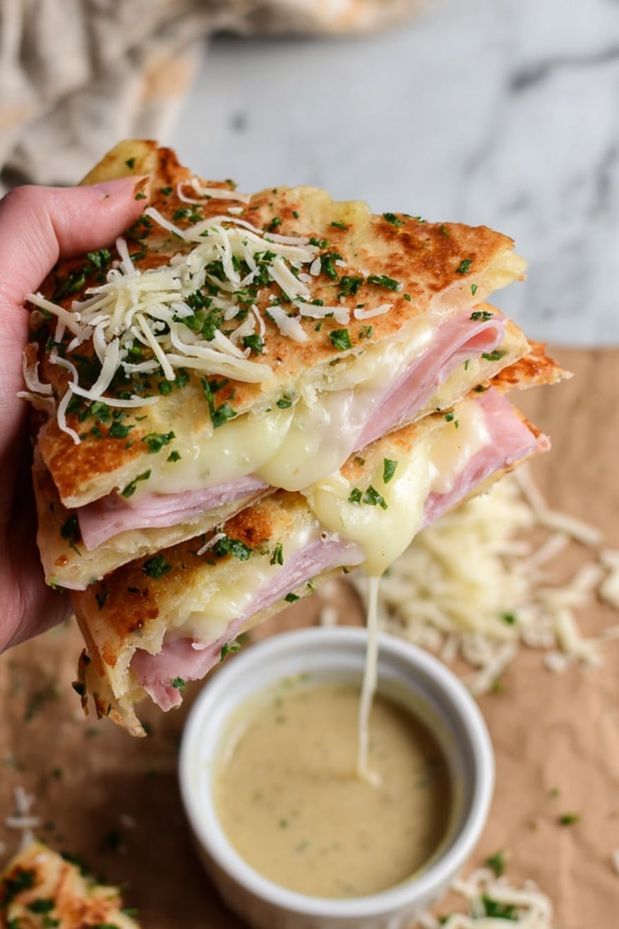 A woman's hand holds a folded sandwich with two layers of flatbread toasted golden brown, sprinkled with finely chopped green herbs and shredded white cheese on top. Inside the sandwich are layers of pale pink ham and creamy white melted cheese that is starting to drip slightly. Below the sandwich, there is a small white bowl filled with thick, light beige sauce. The background is a white marbled surface with a bit of shredded cheese scattered around. photo taken with an iphone --ar 2:3 --v 7 - Chicken Cordon Bleu Quesadillas, chicken cordon bleu quesadillas recipe, cheesy Chicken Cordon Bleu quesadillas, quick quesadilla recipes, easy chicken quesillas