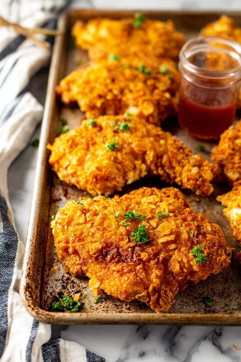 Oven “Fried” Cornflake Chicken with Hot Honey Sauce Recipe