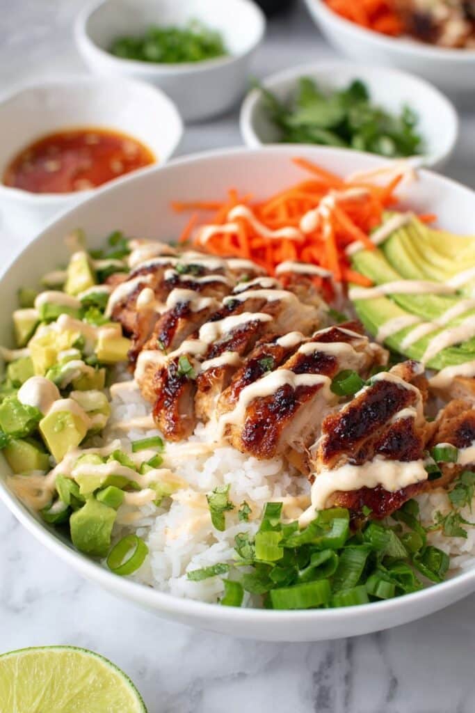 Huli Huli Chicken Bowls with Sticky Rice and Fresh Vegetables Recipe