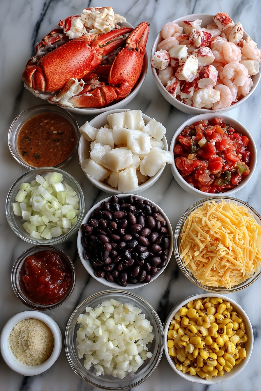 Easy Creamy Seafood and Shrimp Chili Recipe 6 Flat lay of jumbo lump crab meat, lobster meat, peeled and deveined shrimp, canned diced tomatoes with chilis, whole kernel corn, Great Northern beans, black beans, chopped onions, minced garlic, and shredded Colby and Monterey Jack cheese beautifully arranged on a white marble surface, photo taken with an iphone --ar 2:3 --v 7 - Easy Creamy Seafood and Shrimp Chili, seafood chili, creamy seafood stew, shrimp seafood dinner, easy seafood chili recipe