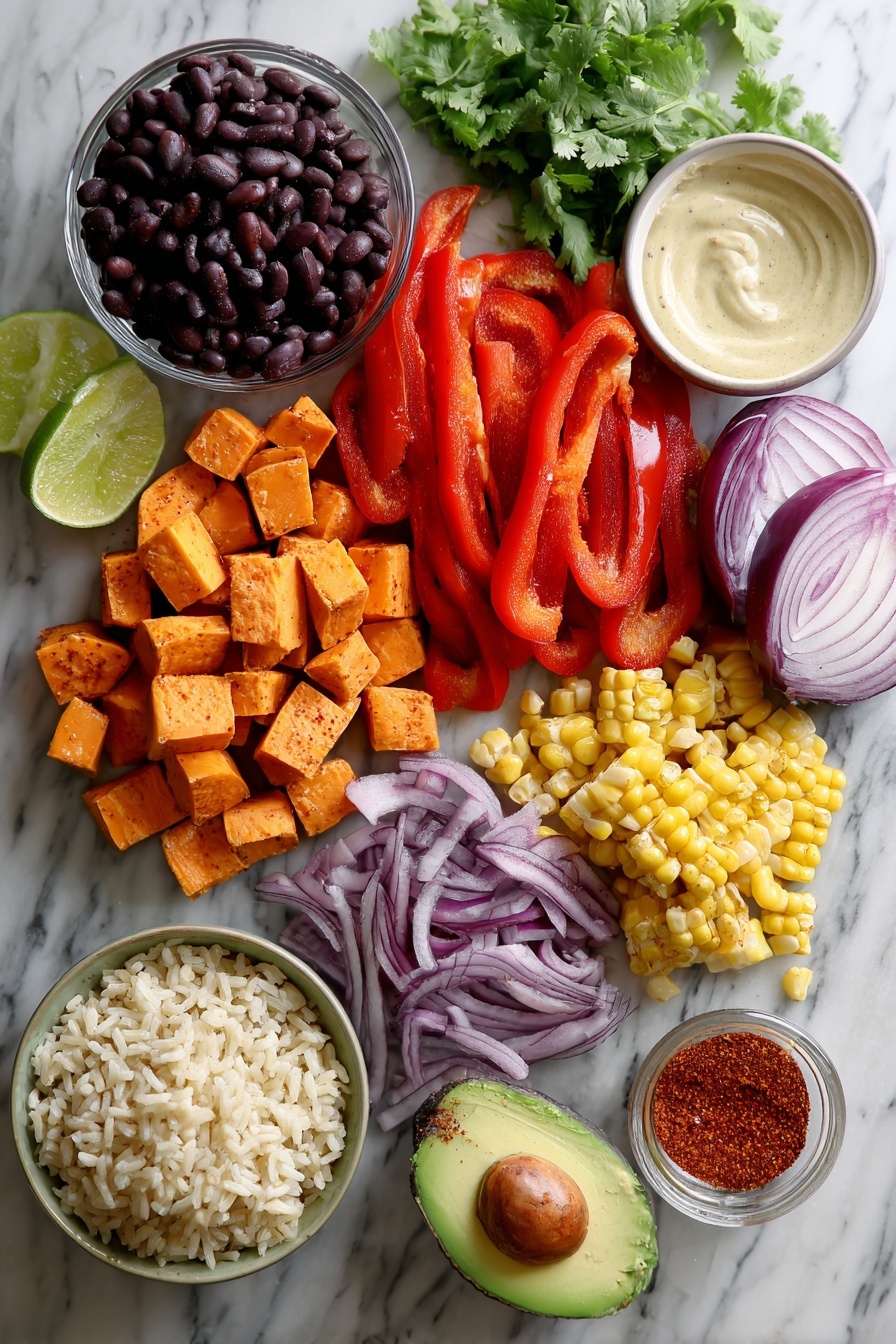 Vegan Sweet Potato Burrito Bowl Recipe 6 Flat lay of vibrant orange sweet potato cubes, bright red bell pepper strips, thin slices of purple-red onion, glossy black beans dusted with chili powder, golden fire-roasted corn kernels, creamy halved avocado, fluffy cilantro lime rice with flecks of green cilantro, and a small drizzle of creamy tahini dressing swirled gently, all beautifully arranged on a white marble surface, photo taken with an iphone --ar 2:3 --v 7 - Vegan Sweet Potato Burrito Bowl, healthy vegan burrito bowl, plant-based sweet potato bowl, vegan dinner ideas, easy vegan lunch