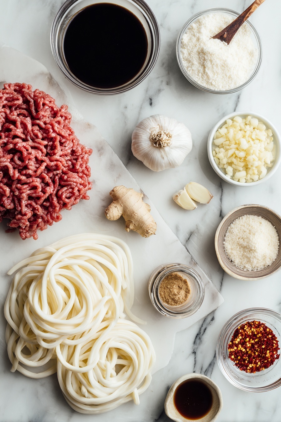 Mongolian Ground Beef and Udon Noodles Recipe 6 Flat lay of raw lean ground beef, fresh udon noodles coiled in soft loops, whole garlic cloves with some minced garlic scattered, a small bowl of dark soy sauce, rich brown sugar crystals, glossy hoisin sauce in a small jar, fresh ginger root alongside a small spoon of grated ginger, bright red pepper flakes, and a small bowl of cornstarch powder, all beautifully arranged on a white marble surface, photo taken with an iphone --ar 2:3 --v 7 - Mongolian Ground Beef and Udon Noodles, Mongolian Beef Udon Stir-fry, Quick Asian Ground Beef Noodle Bowl, Savory Udon Noodles with Ground Beef, Easy Mongolian Beef and Udon Recipe