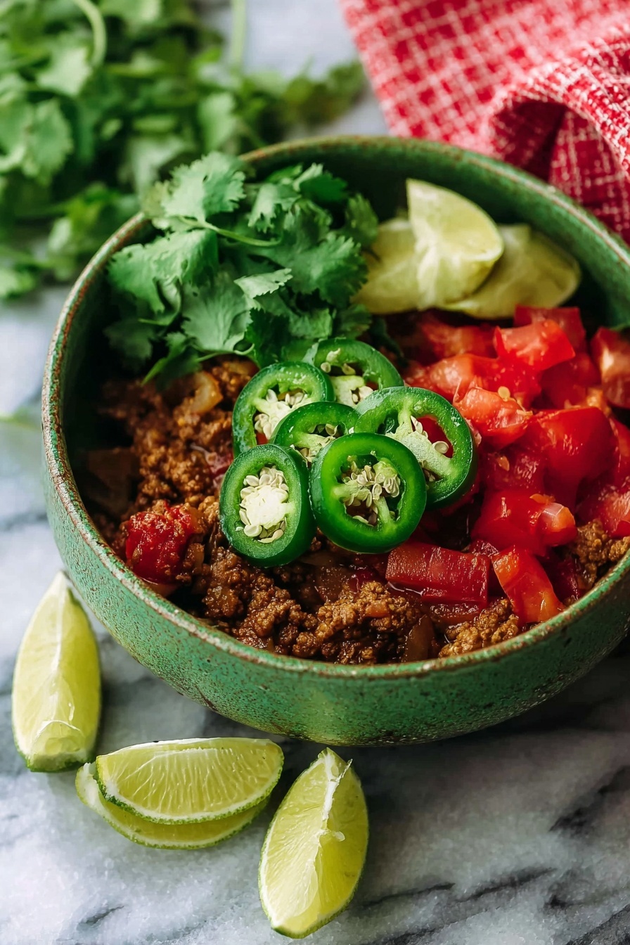 No Bean Chili Recipe 5 A bowl with a rough green outside and a white inside holds a layered dish. The bottom layer is a mix of brown cooked ground meat with visible pieces of red tomatoes and onions, giving a chunky texture. On top of this is a layer of bright green sliced jalapeño peppers, showing seeds and a shiny fresh look. To one side inside the bowl is a small bunch of fresh green cilantro leaves. Two lime wedges, pale green and juicy, are placed at the back edge inside the bowl, and two more lime wedges lay in front of the bowl on a white marbled surface. A red and white checkered cloth is partially visible at the side. The photo taken with an iphone --ar 2:3 --v 7 - No Bean Chili, hearty bean-free chili, easy homemade chili, spicy beef chili, quick weeknight chili