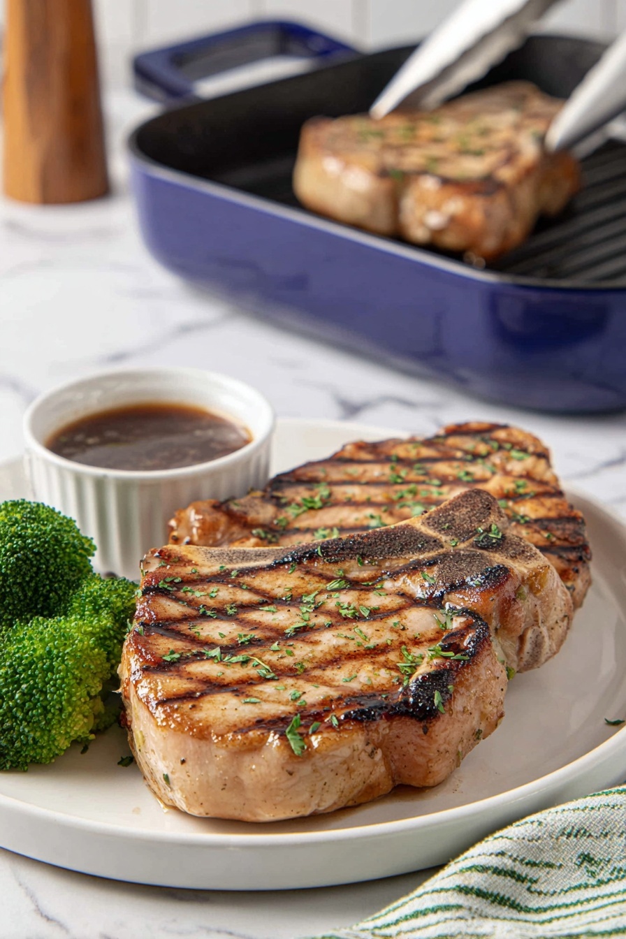 Texas Roadhouse Pork Chops Recipe 7 Two grilled pork chops with clear dark grill marks and sprinkled with green herbs lie on a white plate in the front. Next to them on the left side is a small bunch of bright green broccoli and a small white bowl filled with dark brown sauce. In the background, there is a blue grill pan with another pork chop being held by tongs, all placed on a white marbled surface. A green and white striped cloth is partially visible on the lower right side. photo taken with an iphone --ar 2:3 --v 7 - Texas Roadhouse Pork Chops, pork chop marinade, juicy pork chops, grilled pork chops, easy pork chop recipes
