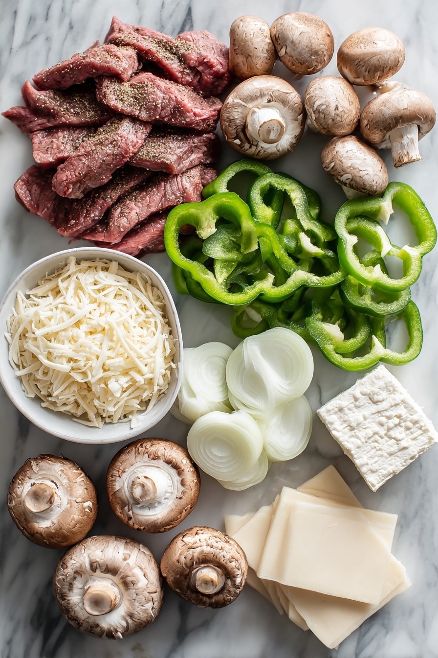 Flat lay of thinly sliced sirloin steak strips seasoned with steak seasoning, fresh green bell pepper slices, whole brown mushrooms, chopped white onions, minced garlic cloves, a block of creamy cream cheese, shredded parmesan reggiano cheese, and slices of provolone cheese, all beautifully arranged in neat groups and natural clusters, placed on a white marble surface, photo taken with an iphone --ar 2:3 --v 7 - Keto Low-Carb Philly Cheese Steak Casserole, Philly Cheese Steak Keto casserole, Low-Carb Philly Cheese Steak bake, Keto cheesesteak dinner, easy keto cheesesteak recipe
