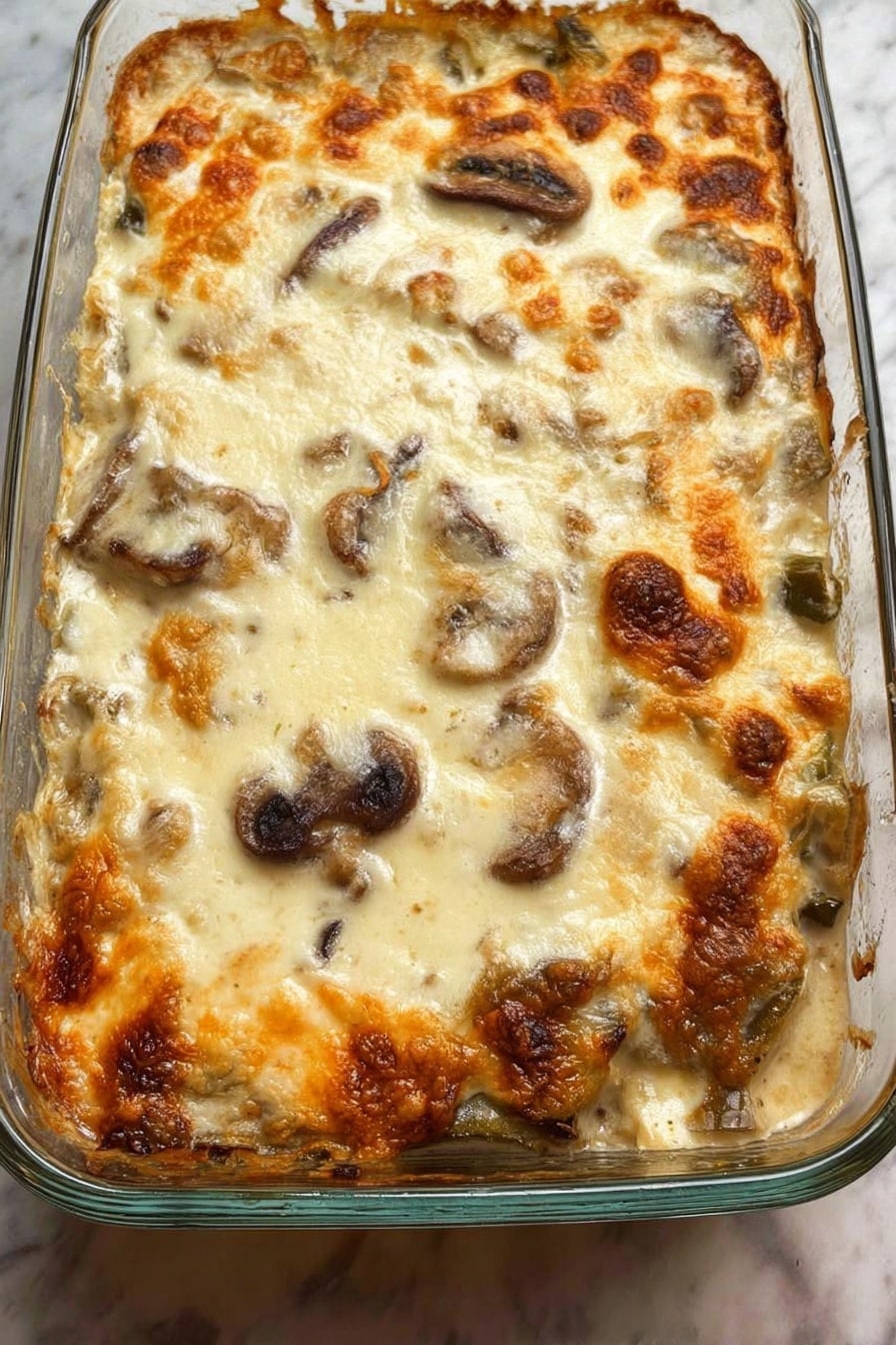 The image shows a baked dish in a clear glass rectangular baking dish placed on a white marbled surface. The dish has several layers starting with a base of cooked vegetables, visible at the edge, mostly green and brown tones. On top, there is a thick, creamy white sauce layer spread evenly with some golden brown spots indicating melted cheese browned in the oven. There are scattered pieces of soft, cooked mushrooms visible just beneath and within the cheese layer, with some mushrooms slightly browned at the edges. The cheese topping is bubbly with some parts turning light golden, giving it a textured and creamy appearance. Photo taken with an iphone --ar 2:3 --v 7 - Keto Low-Carb Philly Cheese Steak Casserole, Philly Cheese Steak Keto casserole, Low-Carb Philly Cheese Steak bake, Keto cheesesteak dinner, easy keto cheesesteak recipe