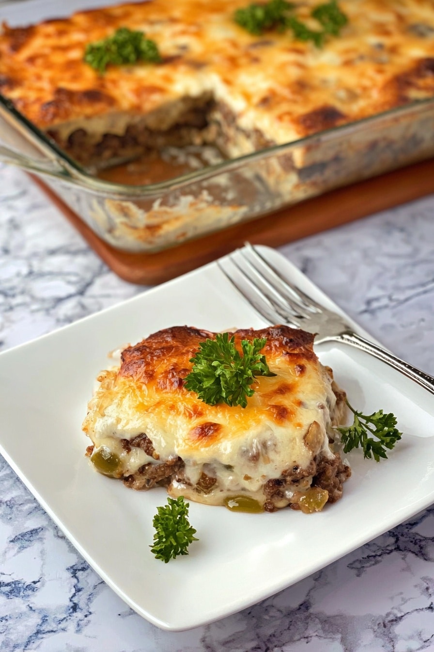 A square white plate holds a single serving of a baked dish with three visible layers: the bottom layer is a mixture of browned ground meat and small green vegetable pieces, the middle layer appears creamy and light beige, and the top layer is golden brown melted cheese with some darker toasted spots; the piece is garnished with two sprigs of fresh green parsley on top. Behind the plate, a glass baking dish contains the rest of the casserole with a cut-out portion visible, showing the same three layers. A silver fork rests diagonally on the right side of the plate, all placed on a white marbled surface. photo taken with an iphone --ar 2:3 --v 7 - Keto Low-Carb Philly Cheese Steak Casserole, Philly Cheese Steak Keto casserole, Low-Carb Philly Cheese Steak bake, Keto cheesesteak dinner, easy keto cheesesteak recipe