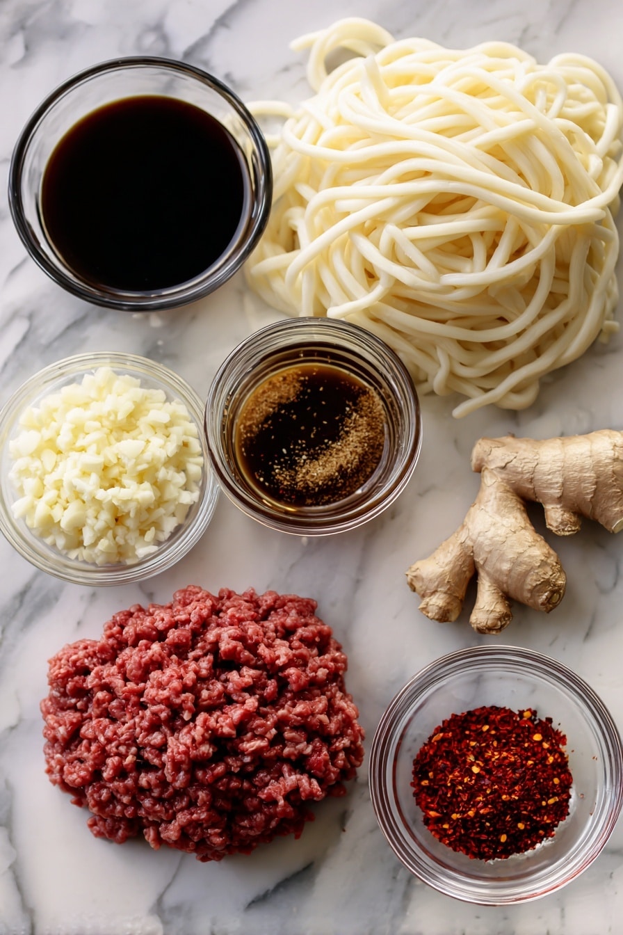 Flat lay of fresh raw ground beef, thick udon noodles, minced garlic cloves, a small bowl of dark soy sauce, rich brown sugar crystals, glossy hoisin sauce in a glass jar, fresh grated ginger root pieces, and vibrant red pepper flakes neatly arranged and balanced in color and texture, placed on a white marble surface, photo taken with an iphone --ar 2:3 --v 7 - Mongolian Ground Beef and Noodles, Mongolian beef and noodles, easy Mongolian beef recipe, quick beef and noodle stir-fry, savory ground beef noodles
