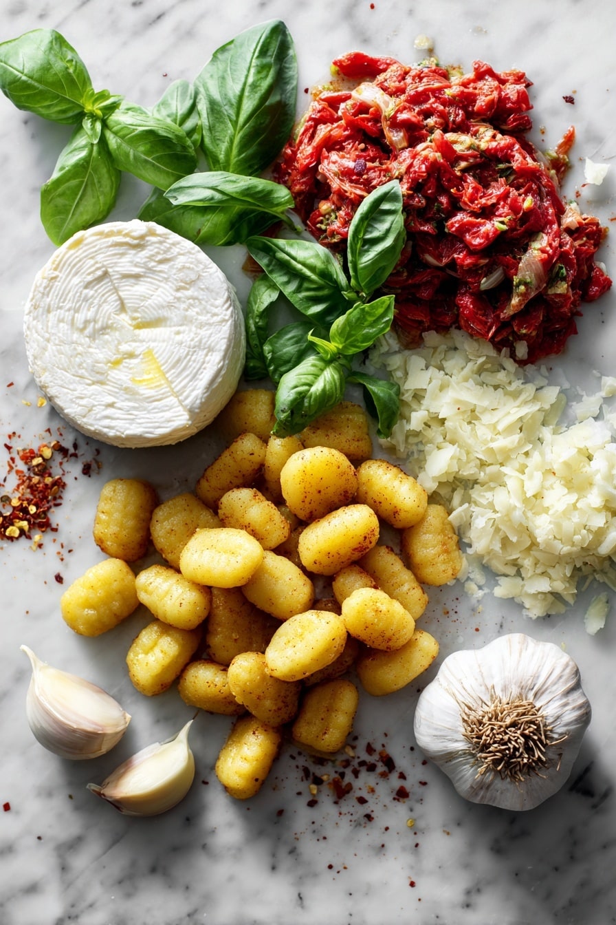 Flat lay of golden potato gnocchi, a small pile of creamy white goat cheese log, bright red crushed tomatoes in a rustic heap, fresh vibrant green basil leaves scattered delicately, a few cloves of peeled garlic, a small mound of finely chopped translucent onion, and a sprinkle of crushed red pepper flakes, all placed on a white marble surface, photo taken with an iphone --ar 2:3 --v 7 - Tomato and Goat Cheese Gnocchi with Basil, gnocchi recipes with goat cheese, quick tomato gnocchi, basil pasta dishes, easy gourmet gnocchi
