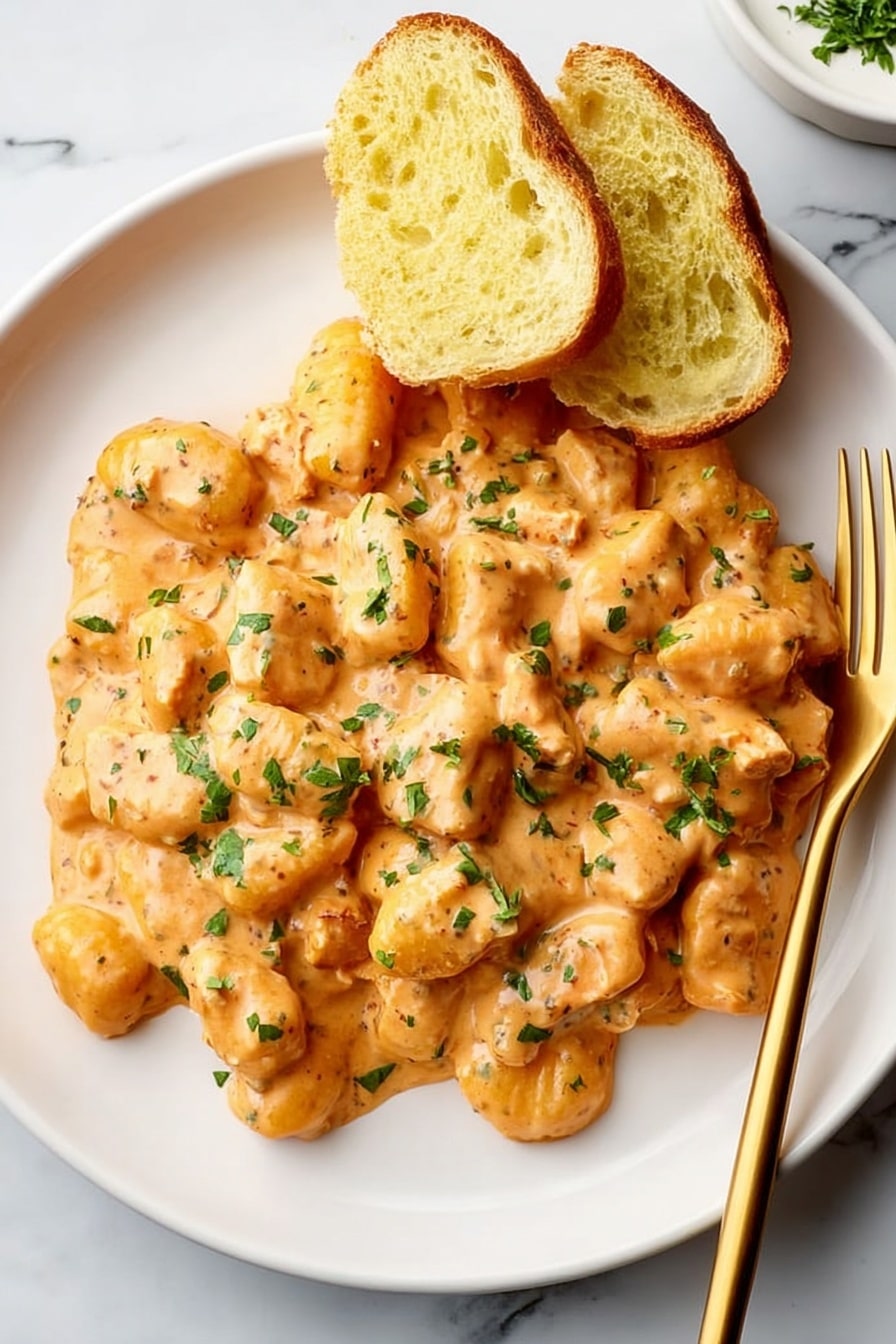 A thick, creamy orange sauce covers a single layer of large, soft gnocchi pieces in a round gray cooking pan. The sauce has a smooth, slightly glossy texture with small green basil leaves sprinkled evenly across the top. A silver spoon lifts a portion of the sauce and gnocchi from the right side of the pan, showing the rich and thick consistency. The pan is placed on a white marbled surface, adding light contrast to the warm tones of the dish. photo taken with an iphone --ar 2:3 --v 7 - Tomato and Goat Cheese Gnocchi with Basil, gnocchi recipes with goat cheese, quick tomato gnocchi, basil pasta dishes, easy gourmet gnocchi