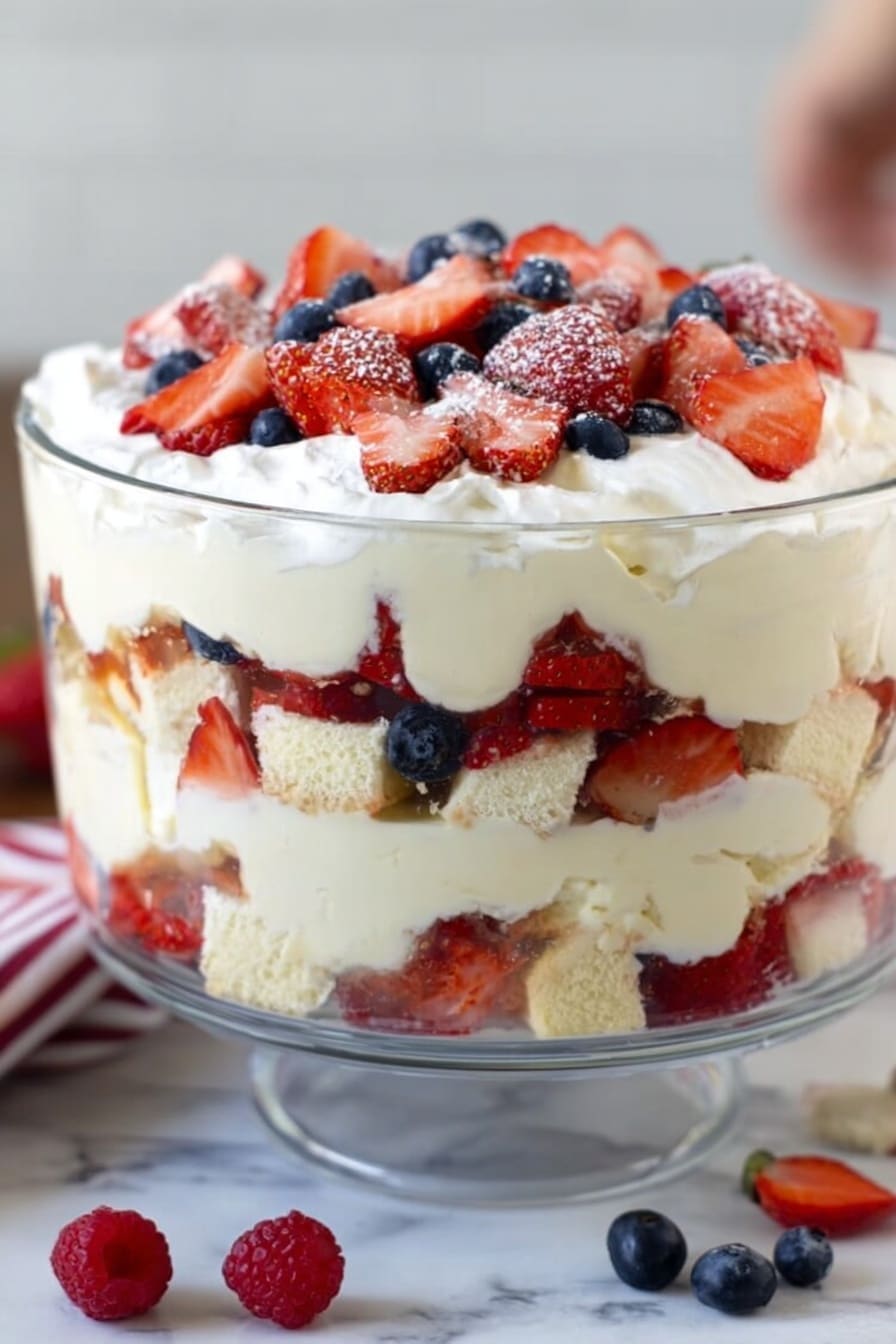 A clear glass bowl shows a layered dessert with white creamy base at the bottom, followed by a layer of sliced red strawberries mixed with white cream and soft white cake pieces. Above this, more white cream layers mix with large chunks of white cake and strawberry slices. The dessert is topped with thick white cream, decorated with fresh red strawberry halves and small dark blue blueberries. The bowl sits on a white marbled surface with some red raspberries and blueberries scattered nearby, and a woman's hand visible in the background. Photo taken with an iphone --ar 2:3 --v 7 - Angel Food Berry Trifle, berry dessert, summer trifle, easy berry trifle, light fruit desserts