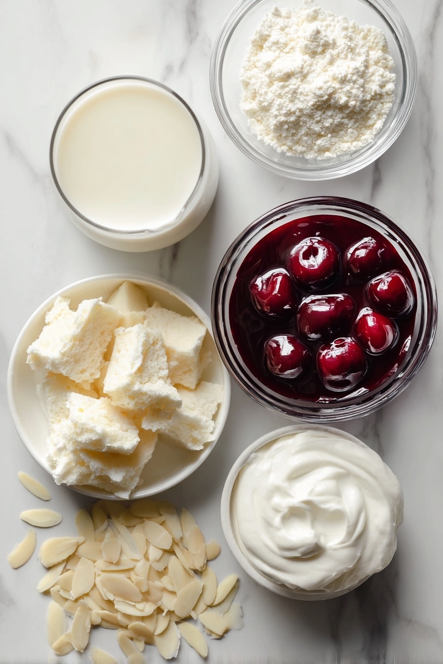 Heaven on Earth Cake Recipe 6 Flat lay of airy angel food cake chunks, glossy cherry pie filling with whole cherries, smooth instant vanilla pudding powder beside a glass of whole milk, creamy pale sour cream dollop, fluffy white Cool Whip, and a small pile of delicate sliced almonds, all beautifully arranged on a white marble surface, photo taken with an iphone --ar 2:3 --v 7 - Heaven on Earth Cake, no-bake cherry cake, angel food cake dessert, easy cherry layered dessert, quick summer cake
