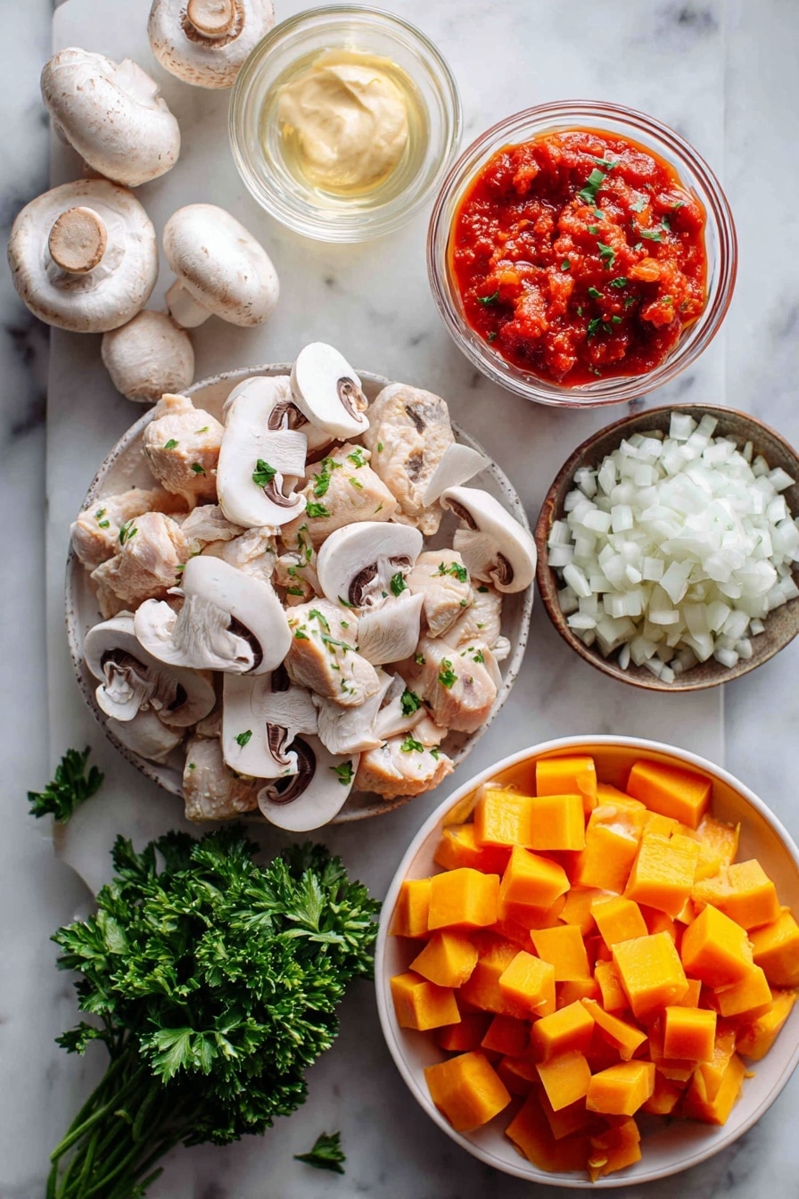 Flat lay of sliced white mushrooms, diced white onions, minced garlic cloves, diced free-range chicken breast, a small glass of white wine, rich red tomato sauce, creamy coconut milk from a can, a dollop of Dijon mustard, chopped fresh parsley, and vibrant orange butternut squash cubes, all beautifully arranged on a white marble surface, photo taken with an iphone --ar 2:3 --v 7 - Chicken Stroganoff with Butternut Squash Mash, Chicken Stroganoff recipe, healthy chicken stroganoff, gluten-free chicken dinner, comforting fall dinner