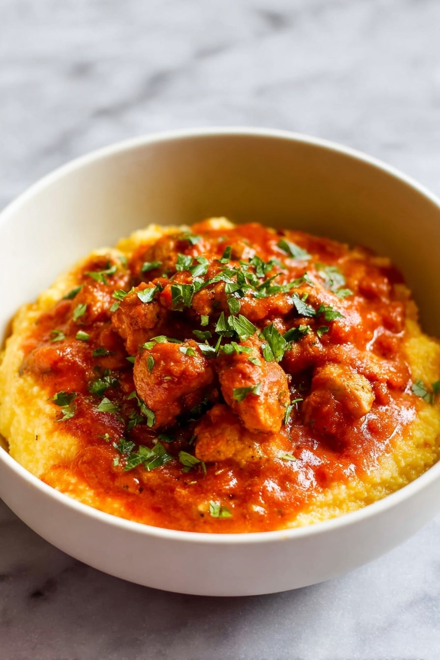 A white bowl holds two distinct layers of food: the bottom layer is creamy and yellow-orange in color with a smooth texture, likely a mashed vegetable base. On top, there is a thick red-orange sauce with chunks of meat evenly spread across the surface. The dish is garnished with small bits of fresh green herbs scattered over the top. The bowl is placed on a white marbled texture surface. photo taken with an iphone --ar 2:3 --v 7 - Chicken Stroganoff with Butternut Squash Mash, Chicken Stroganoff recipe, healthy chicken stroganoff, gluten-free chicken dinner, comforting fall dinner